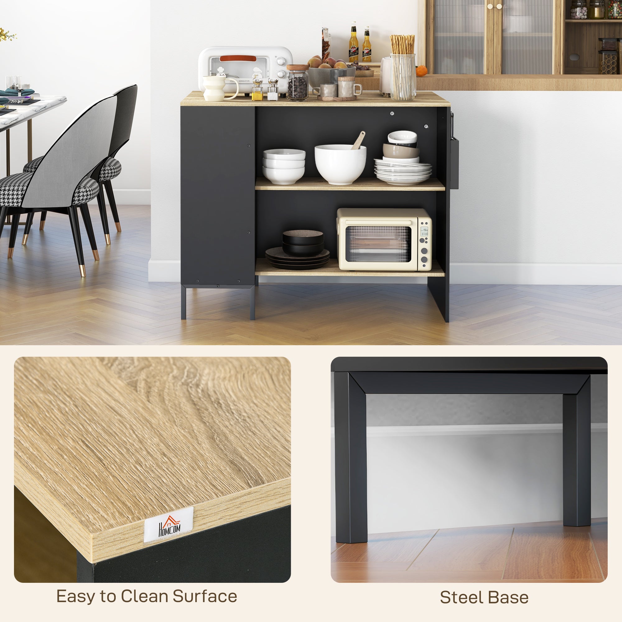 Black Kitchen Island Cart Storage Cabinet with Side Knife Holder, 2 Open Shelves, 1 Cupboard with Sliding Doors, 114.5L x 70W x 90H cm