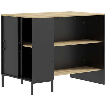 Black Kitchen Island Cart Storage Cabinet with Side Knife Holder, 2 Open Shelves, 1 Cupboard with Sliding Doors, 114.5L x 70W x 90H cm