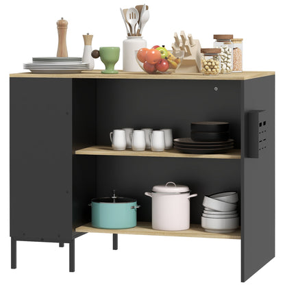 Black Kitchen Island Cart Storage Cabinet with Side Knife Holder, 2 Open Shelves, 1 Cupboard with Sliding Doors, 114.5L x 70W x 90H cm