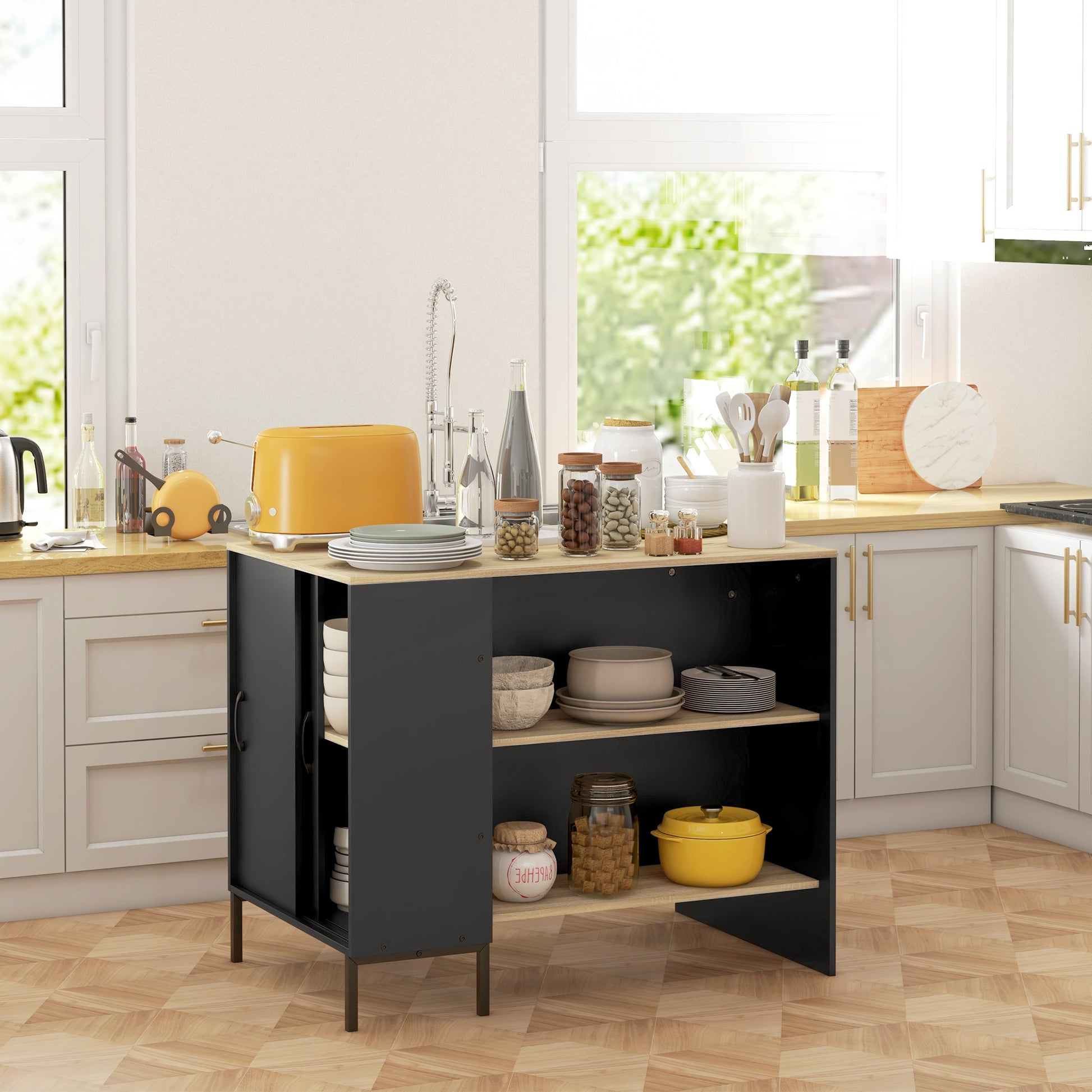 Black Kitchen Island Cart Storage Cabinet with Side Knife Holder, 2 Open Shelves, 1 Cupboard with Sliding Doors, 114.5L x 70W x 90H cm