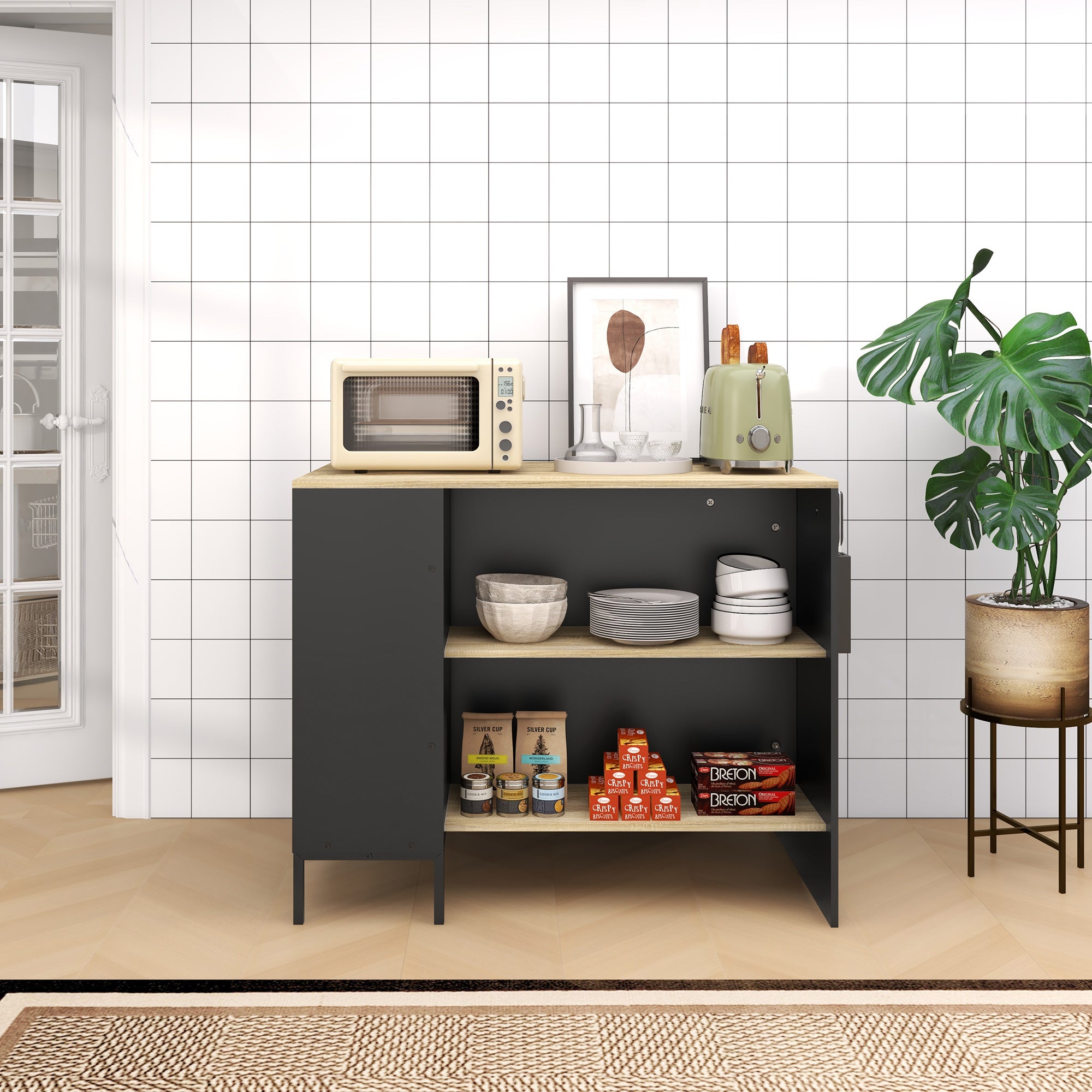 Black Kitchen Island Cart Storage Cabinet with Side Knife Holder, 2 Open Shelves, 1 Cupboard with Sliding Doors, 114.5L x 70W x 90H cm