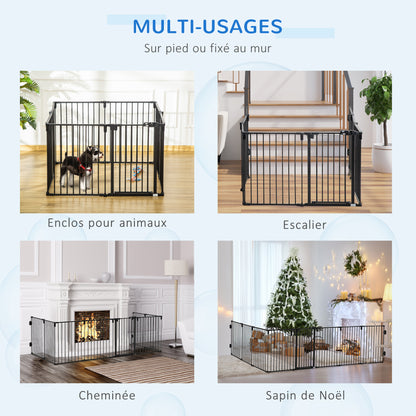 Safety Barrier Fireplace Protection Barrier Dog Playpen Foldable Modular 8 Panels with Door No Drilling 482.5 x 76 cm Black