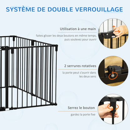 Safety Barrier Fireplace Protection Barrier Dog Playpen Foldable Modular 8 Panels with Door No Drilling 482.5 x 76 cm Black