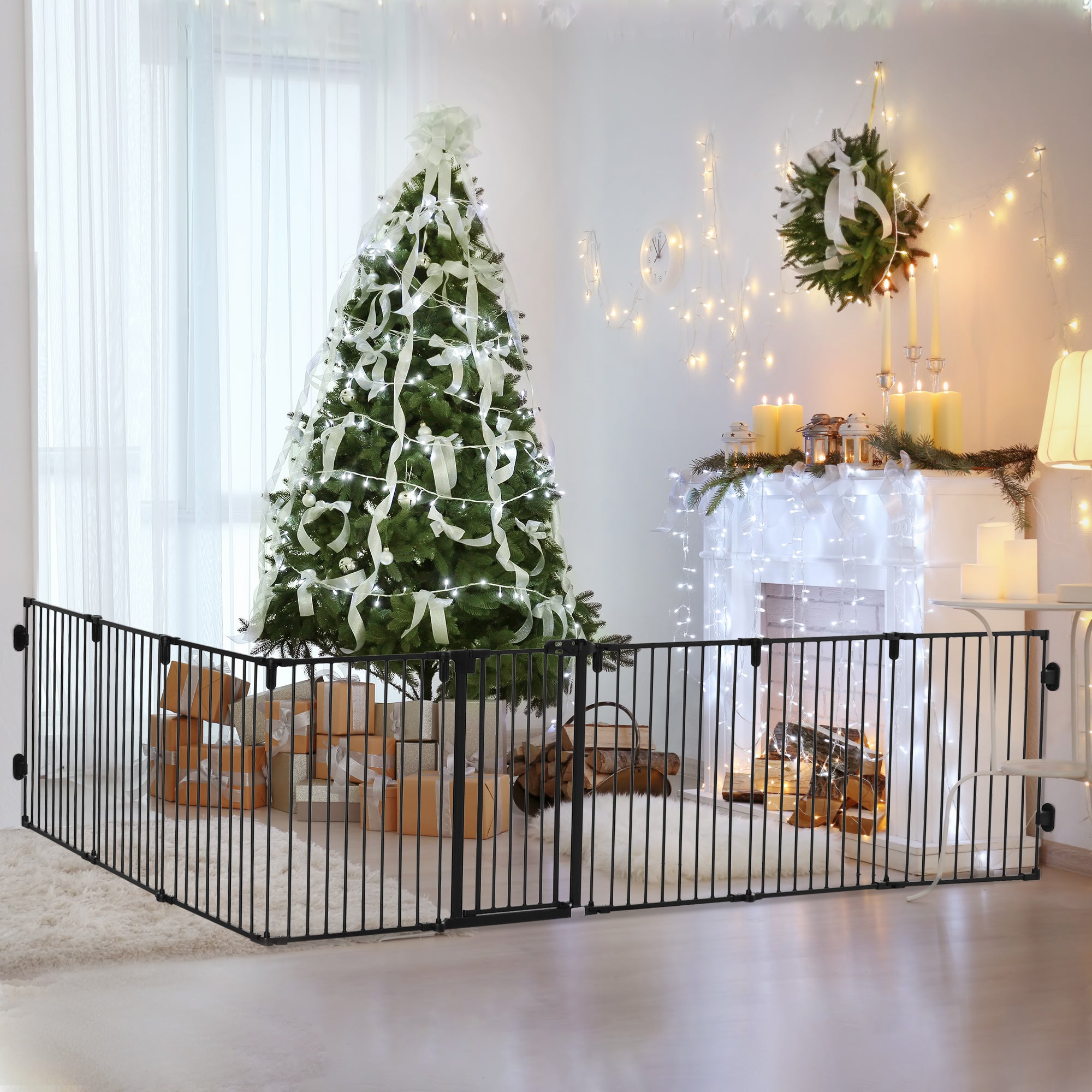 Safety Barrier Fireplace Protection Barrier Dog Playpen Foldable Modular 8 Panels with Door No Drilling 482.5 x 76 cm Black