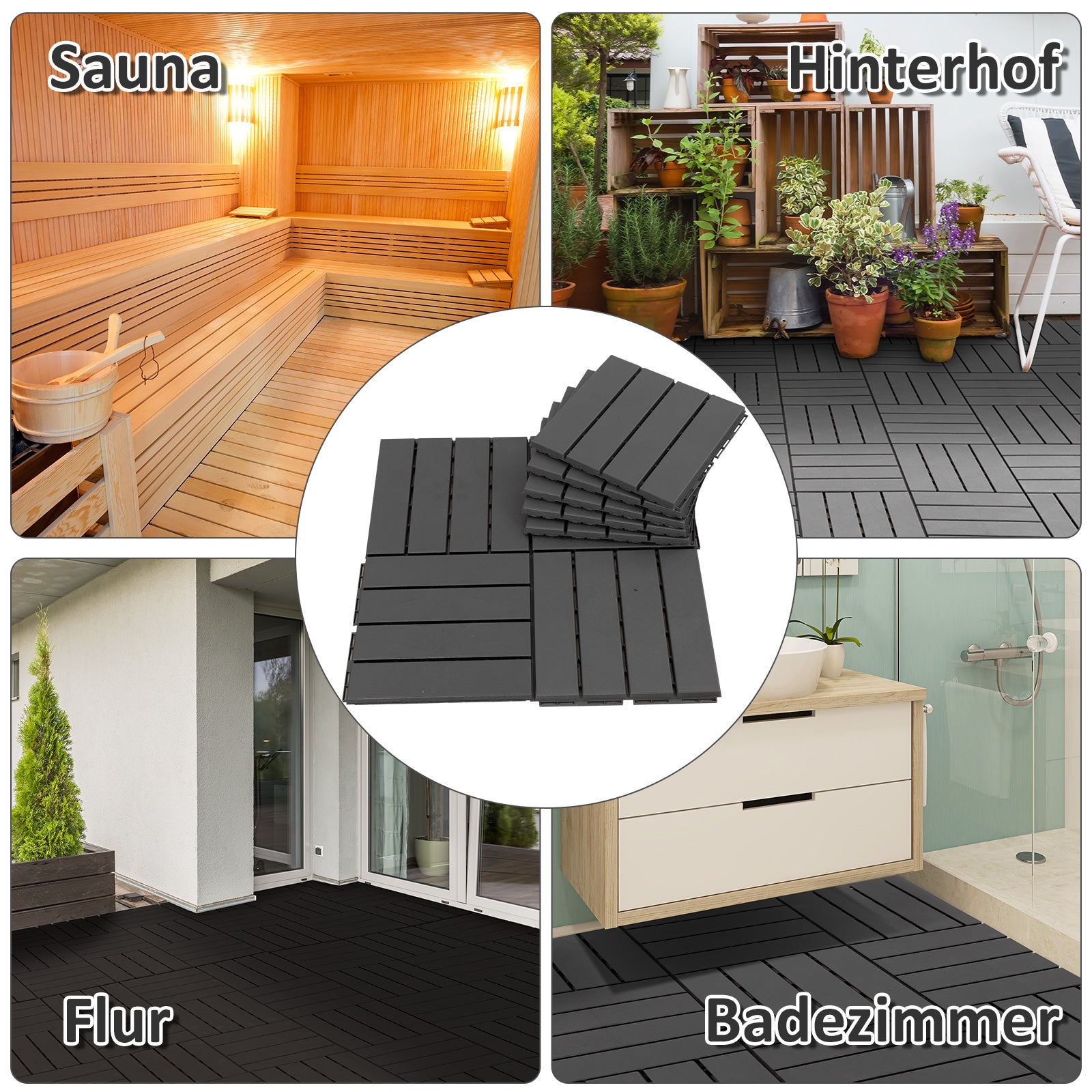 Terrace Tiles 30 x 30 cm 9 Pieces 0.81㎡ Click Tiles Balcony Tiles with Click System Drainage Function Floor Covering Tile for Terrace Balcony Black