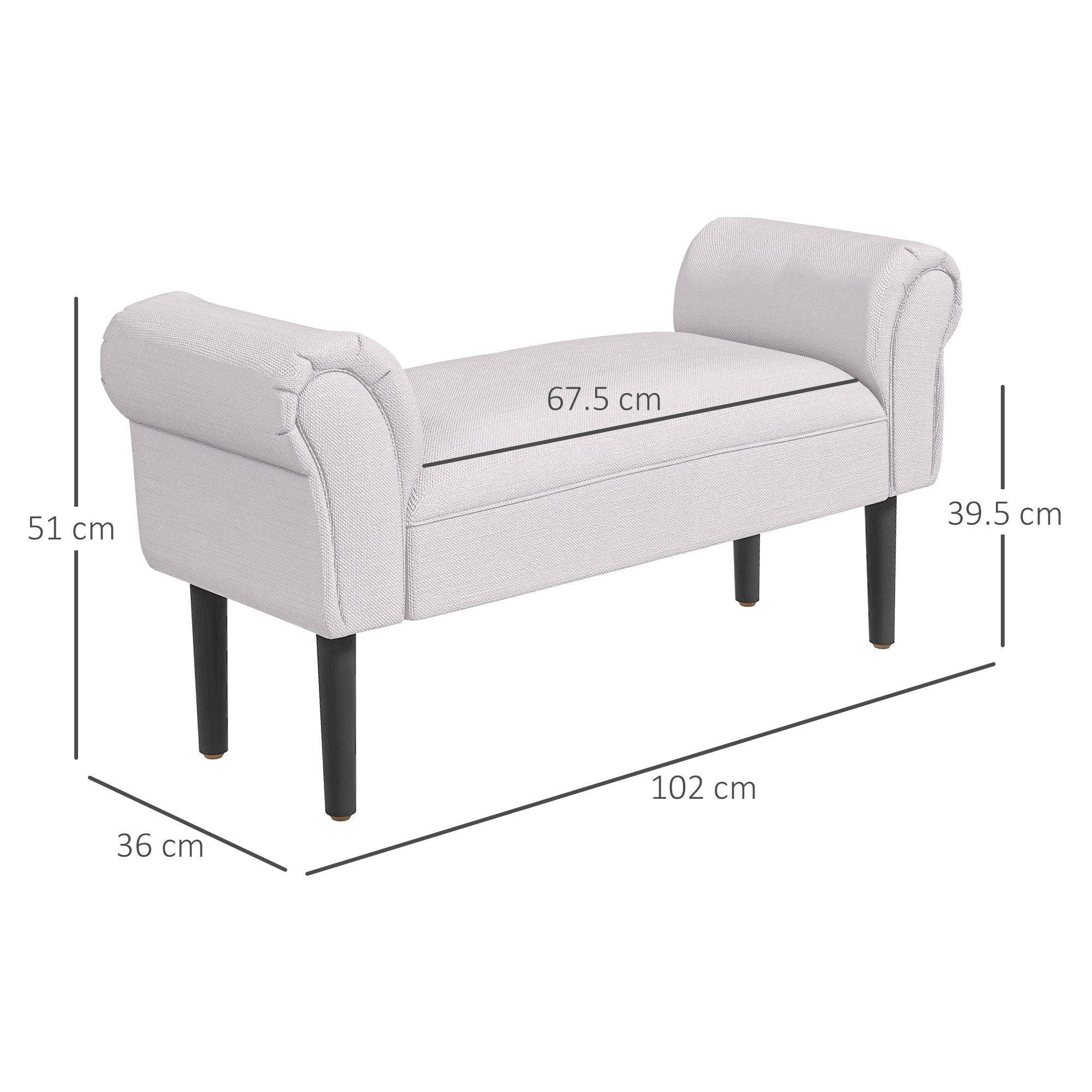 Bed Bench, Upholstered Bench, Seating Bench, Hallway Bench for Bedroom, up to 130 kg Load Capacity, Canvas Fabric, Grey, 102 x 36 x 51 cm