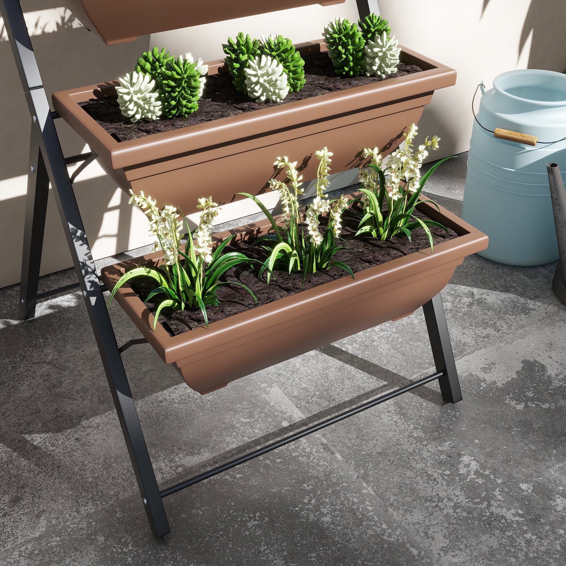 Raised Planter with Tiers, Vertical Planter with 5 Flower Pots, Drainage Holes with Rubber Stoppers, Plant Staircase, Steel Frame, Brown