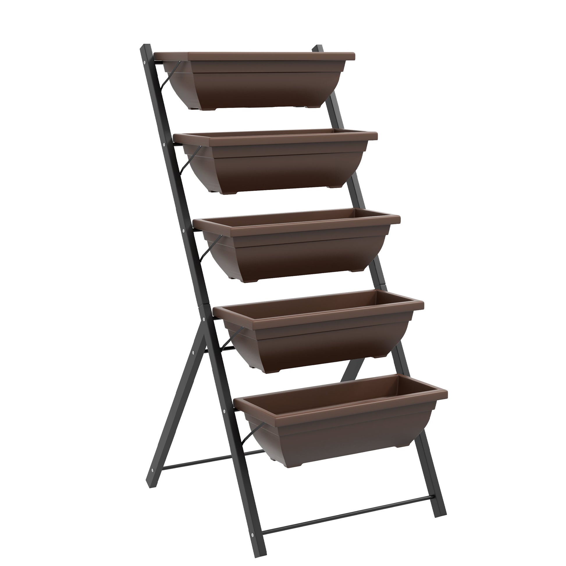 Raised Planter with Tiers, Vertical Planter with 5 Flower Pots, Drainage Holes with Rubber Stoppers, Plant Staircase, Steel Frame, Brown