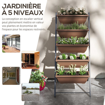 Raised Planter with Tiers, Vertical Planter with 5 Flower Pots, Drainage Holes with Rubber Stoppers, Plant Staircase, Steel Frame, Brown