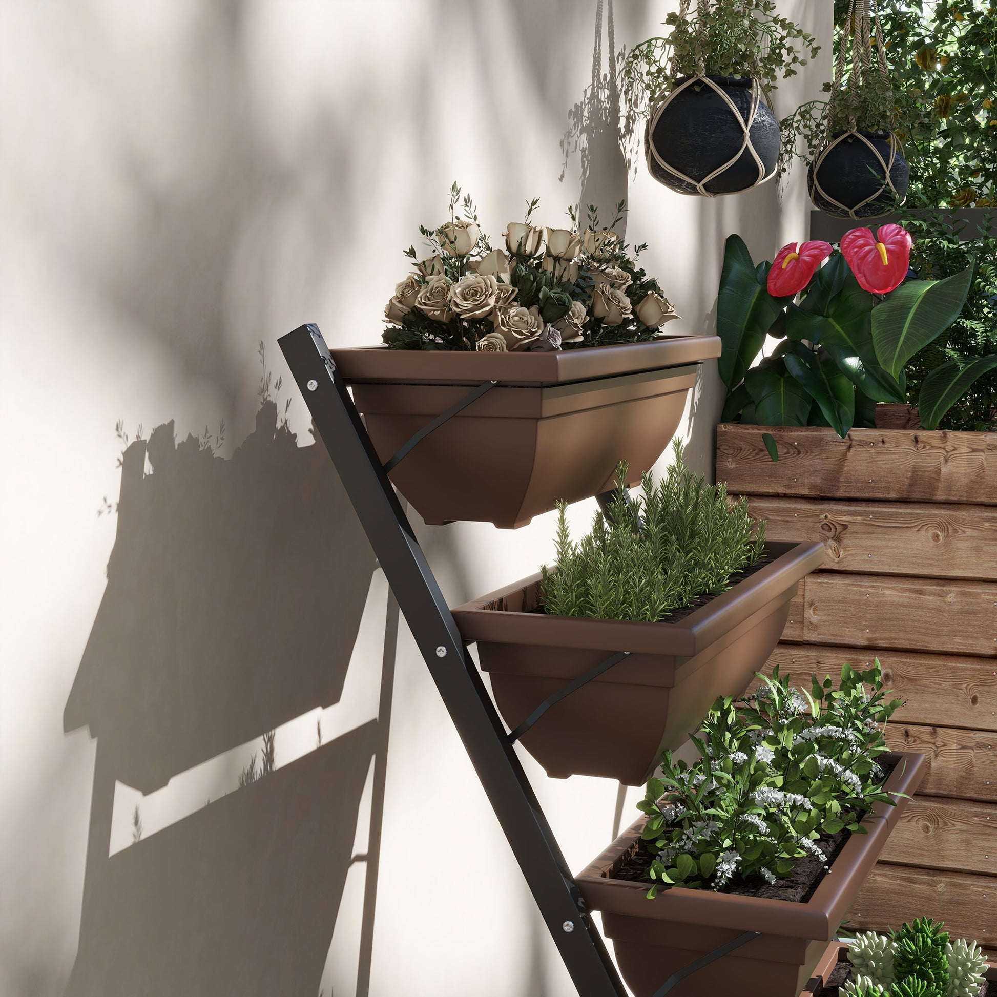 Raised Planter with Tiers, Vertical Planter with 5 Flower Pots, Drainage Holes with Rubber Stoppers, Plant Staircase, Steel Frame, Brown