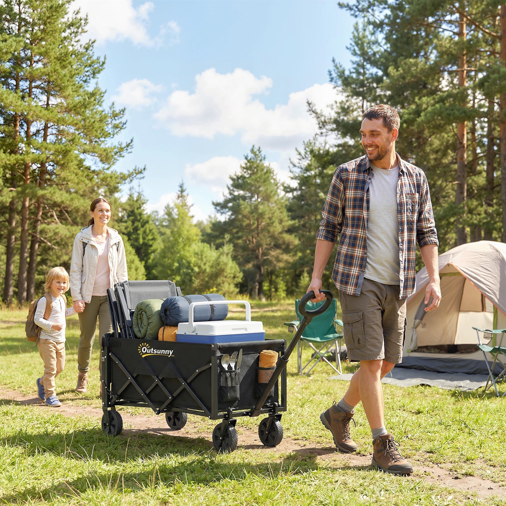 80L Foldable Wagon with Telescoping Handle, Tailgate & Cup Holders — Beach, Garden & Transport Cart, 330 lb Capacity, Black