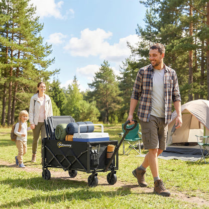 80L Foldable Wagon with Telescoping Handle, Tailgate & Cup Holders — Beach, Garden & Transport Cart, 330 lb Capacity, Black