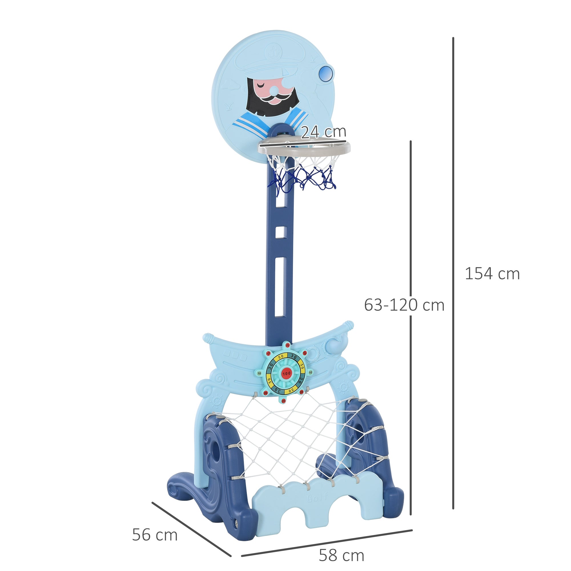 4-in-1 Basketball Hoop with Stand Golf Ball Soccer Ball Adjustable Height Activity Center for Kids 3+ Years 58x56x154 cm Blue