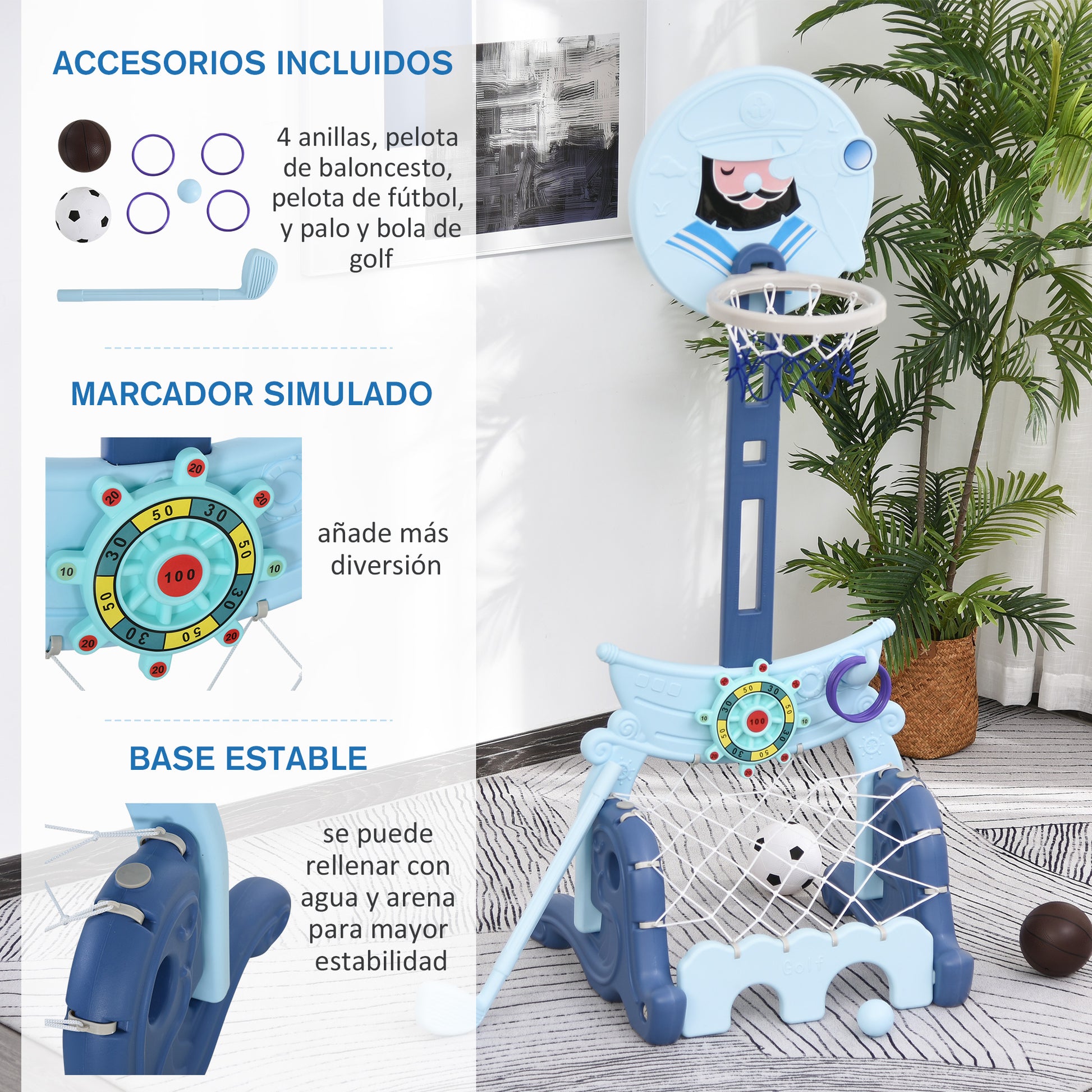 4-in-1 Basketball Hoop with Stand Golf Ball Soccer Ball Adjustable Height Activity Center for Kids 3+ Years 58x56x154 cm Blue