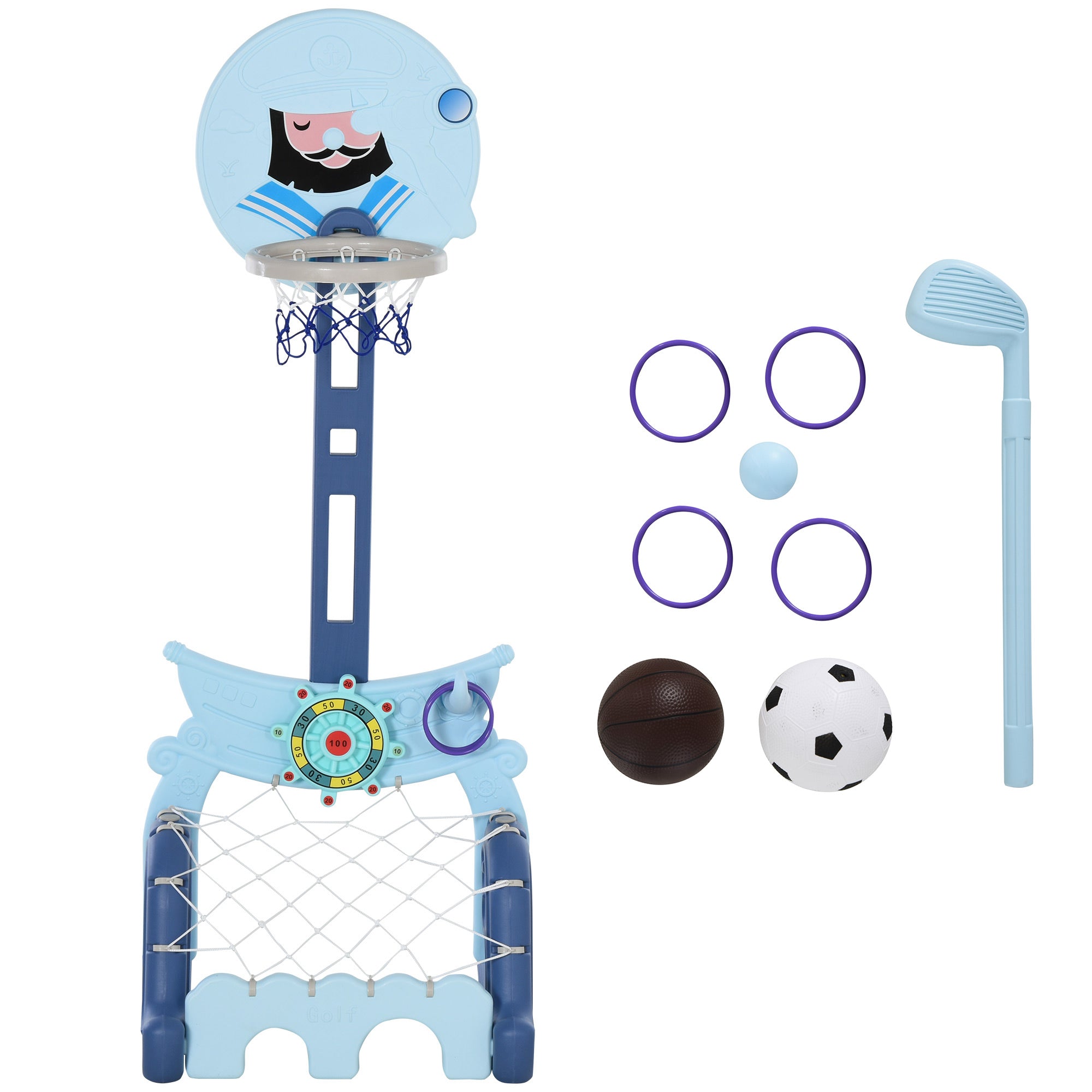 4-in-1 Basketball Hoop with Stand Golf Ball Soccer Ball Adjustable Height Activity Center for Kids 3+ Years 58x56x154 cm Blue