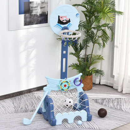 4-in-1 Basketball Hoop with Stand Golf Ball Soccer Ball Adjustable Height Activity Center for Kids 3+ Years 58x56x154 cm Blue