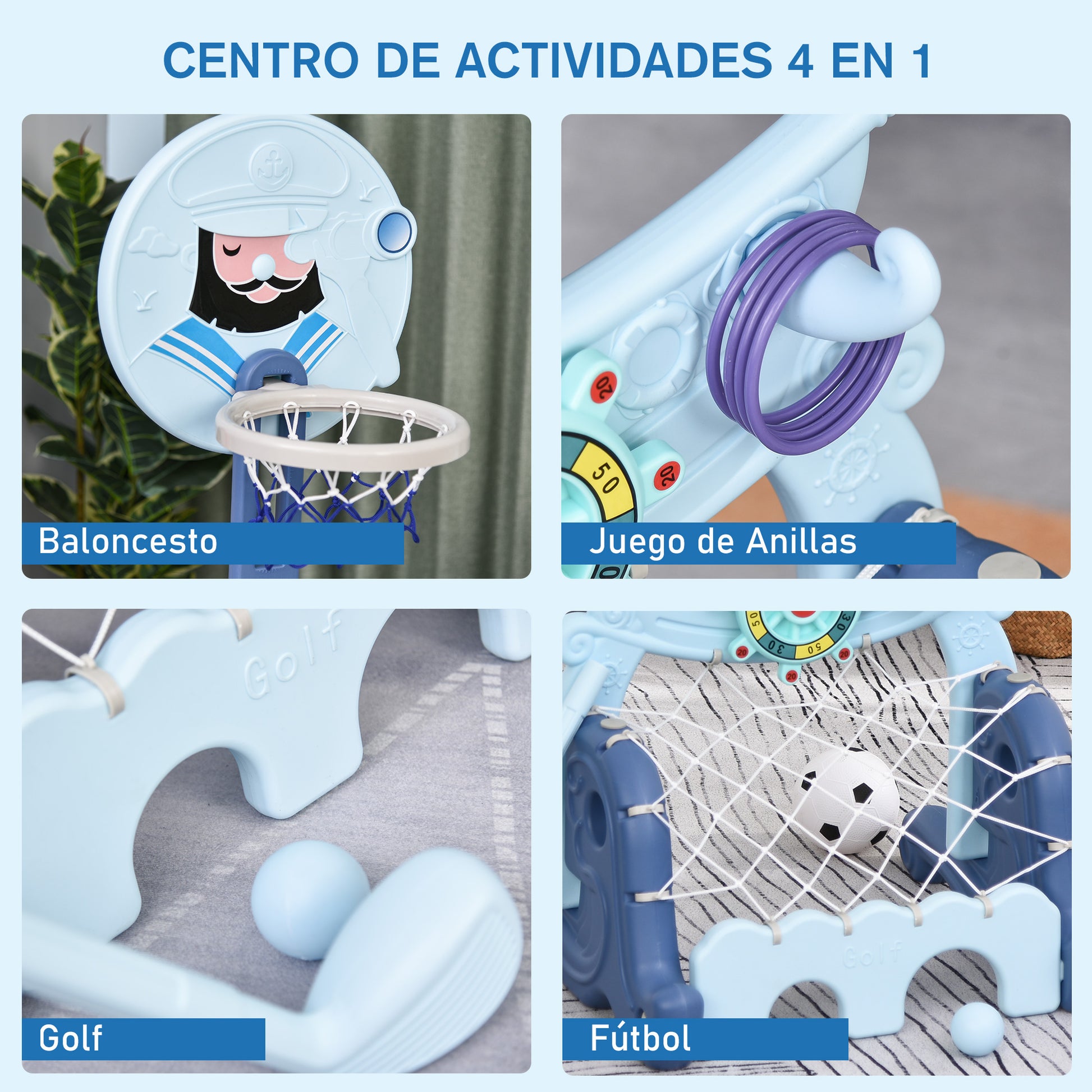 4-in-1 Basketball Hoop with Stand Golf Ball Soccer Ball Adjustable Height Activity Center for Kids 3+ Years 58x56x154 cm Blue