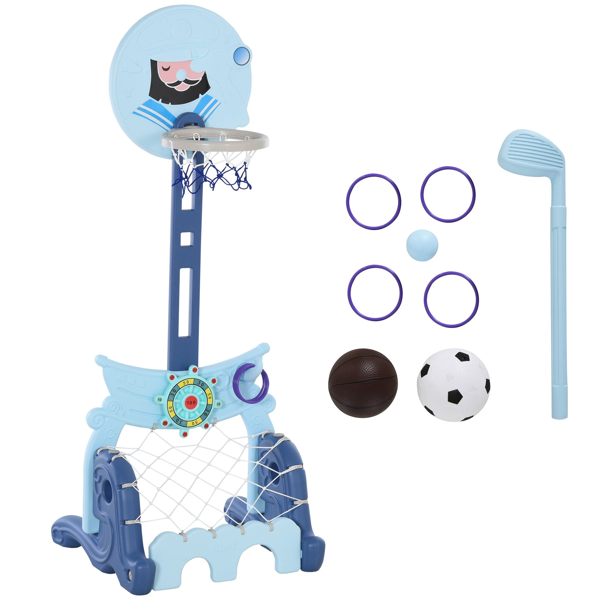 4-in-1 Basketball Hoop with Stand Golf Ball Soccer Ball Adjustable Height Activity Center for Kids 3+ Years 58x56x154 cm Blue