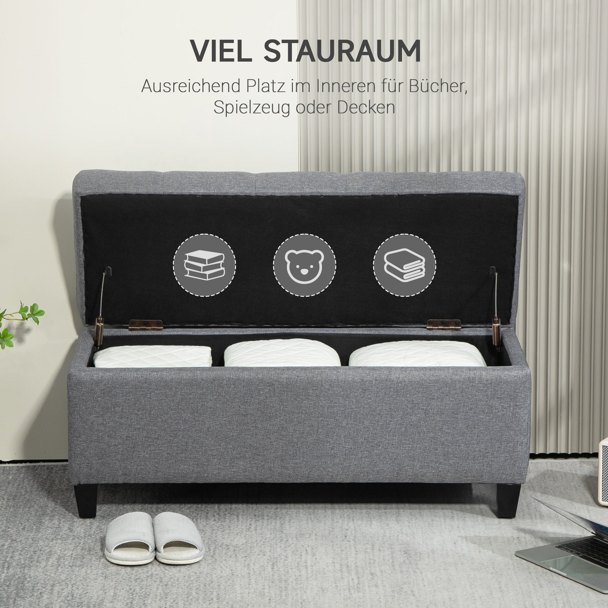 Upholstered Storage Bench Chest Bench Hallway Bedroom Living Room Linen-like Polyester Rubberwood Light Gray 100 x 40 x 44 cm