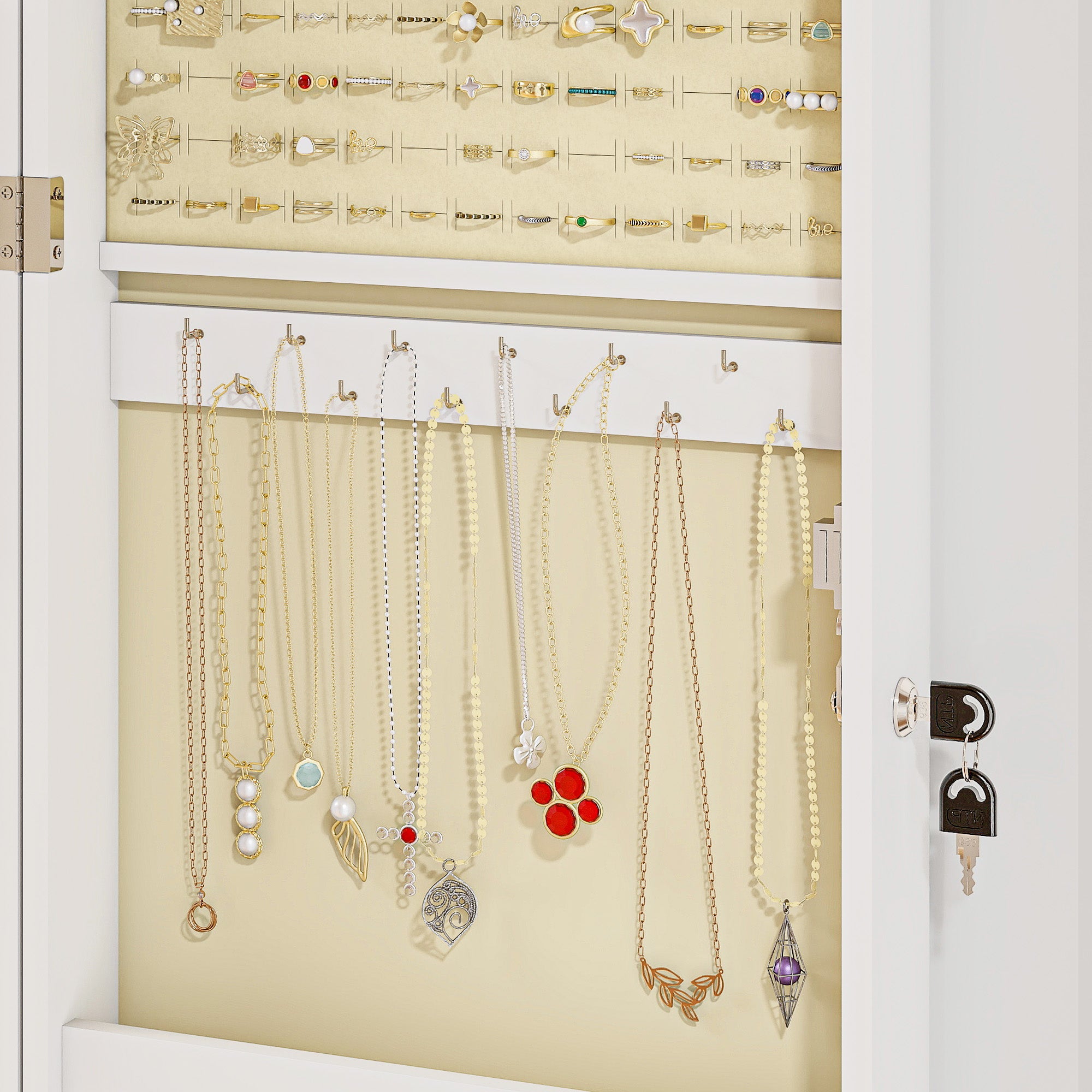 Wall Mounted Jewelry Mirror, Jewelry Cabinet with Key Lock, Full-Length Mirror in MDF for Bedroom and Living Room, 36.5x9.5x67 cm, White