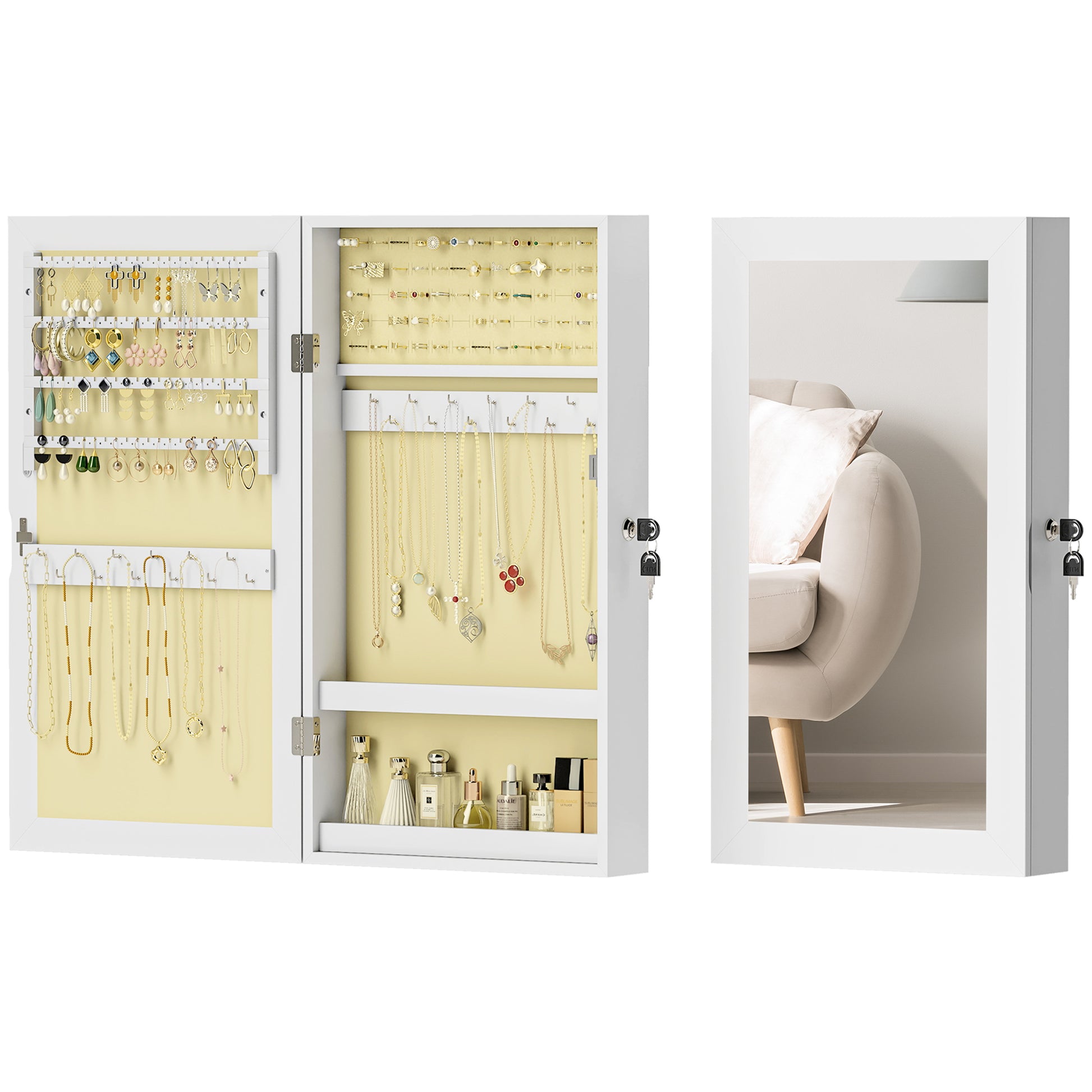 Wall Mounted Jewelry Mirror, Jewelry Cabinet with Key Lock, Full-Length Mirror in MDF for Bedroom and Living Room, 36.5x9.5x67 cm, White
