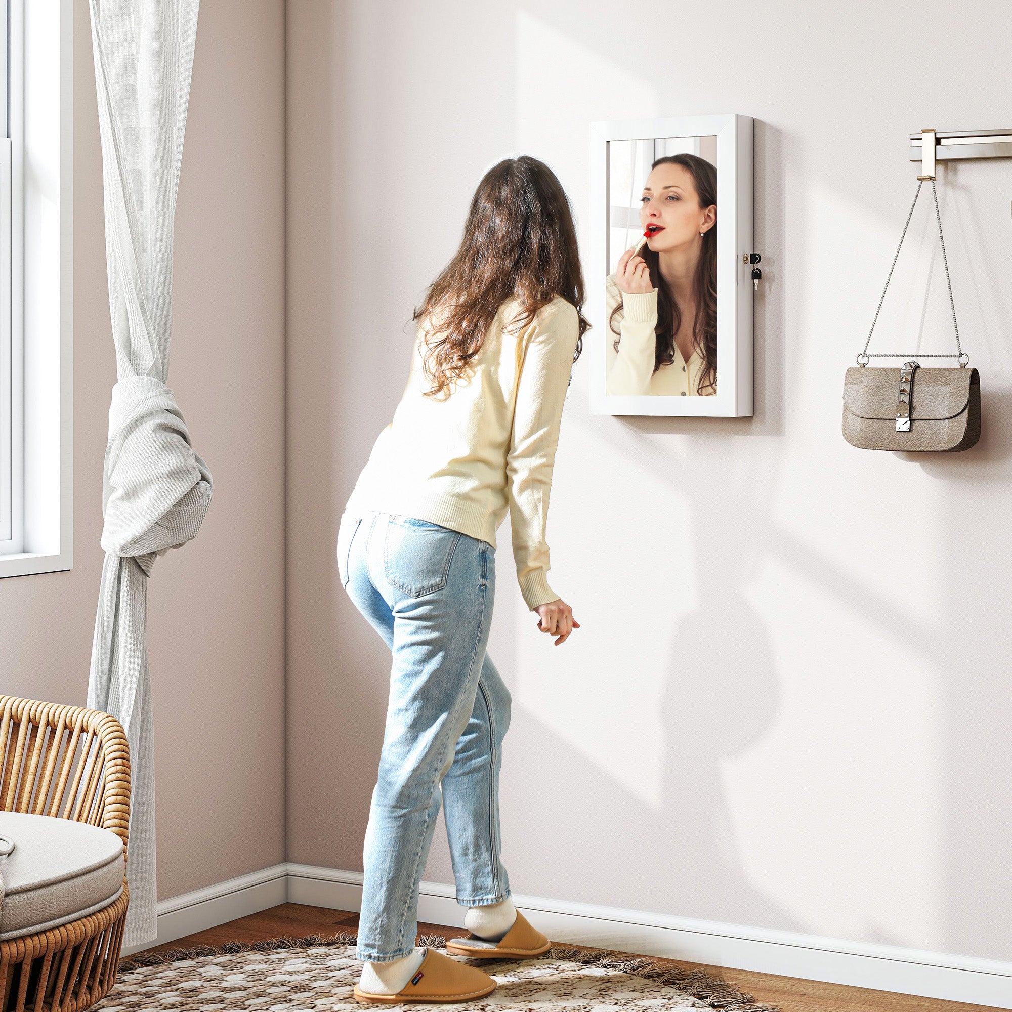 Wall Mounted Jewelry Mirror, Jewelry Cabinet with Key Lock, Full-Length Mirror in MDF for Bedroom and Living Room, 36.5x9.5x67 cm, White