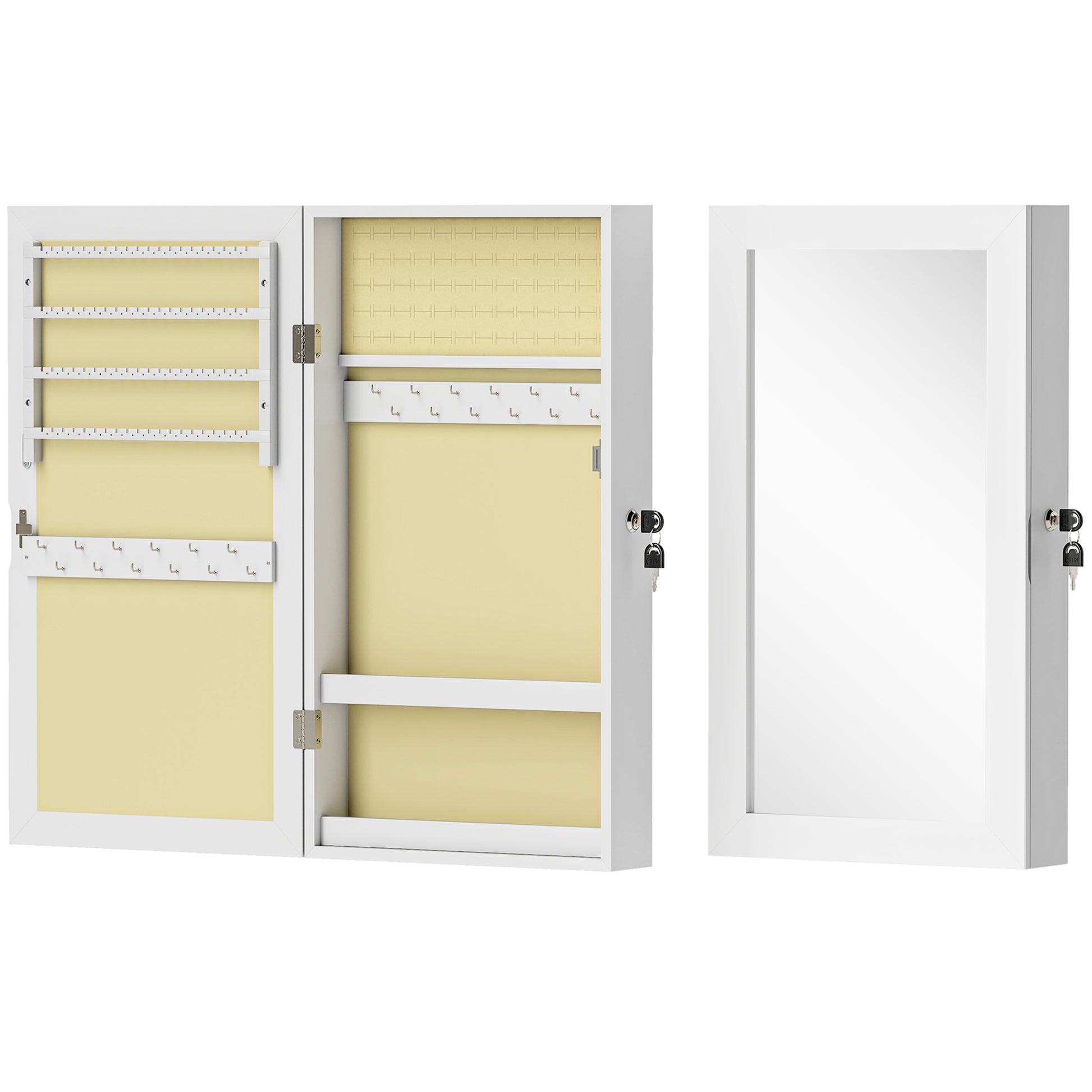 Wall Mounted Jewelry Mirror, Jewelry Cabinet with Key Lock, Full-Length Mirror in MDF for Bedroom and Living Room, 36.5x9.5x67 cm, White