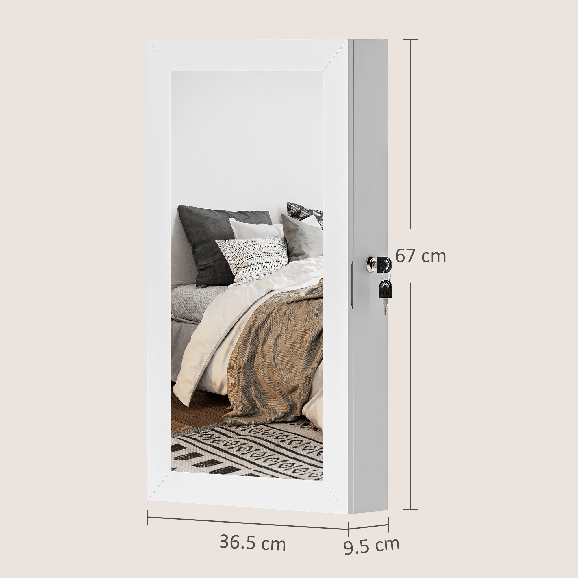 Wall Mounted Jewelry Mirror, Jewelry Cabinet with Key Lock, Full-Length Mirror in MDF for Bedroom and Living Room, 36.5x9.5x67 cm, White