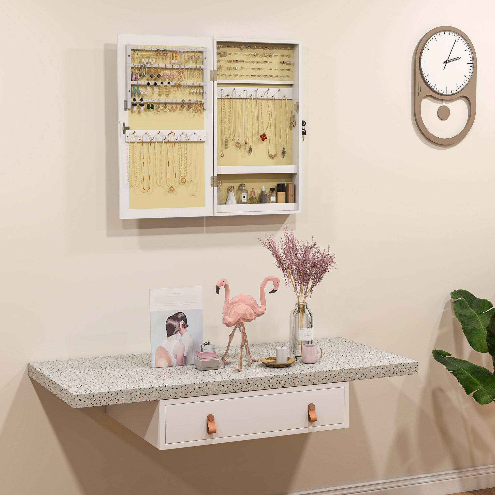 Wall Mounted Jewelry Mirror, Jewelry Cabinet with Key Lock, Full-Length Mirror in MDF for Bedroom and Living Room, 36.5x9.5x67 cm, White