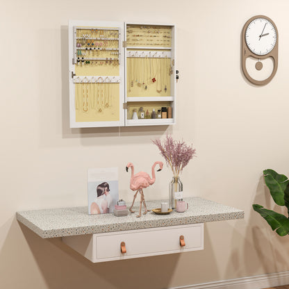 Wall Mounted Jewelry Mirror, Jewelry Cabinet with Key Lock, Full-Length Mirror in MDF for Bedroom and Living Room, 36.5x9.5x67 cm, White