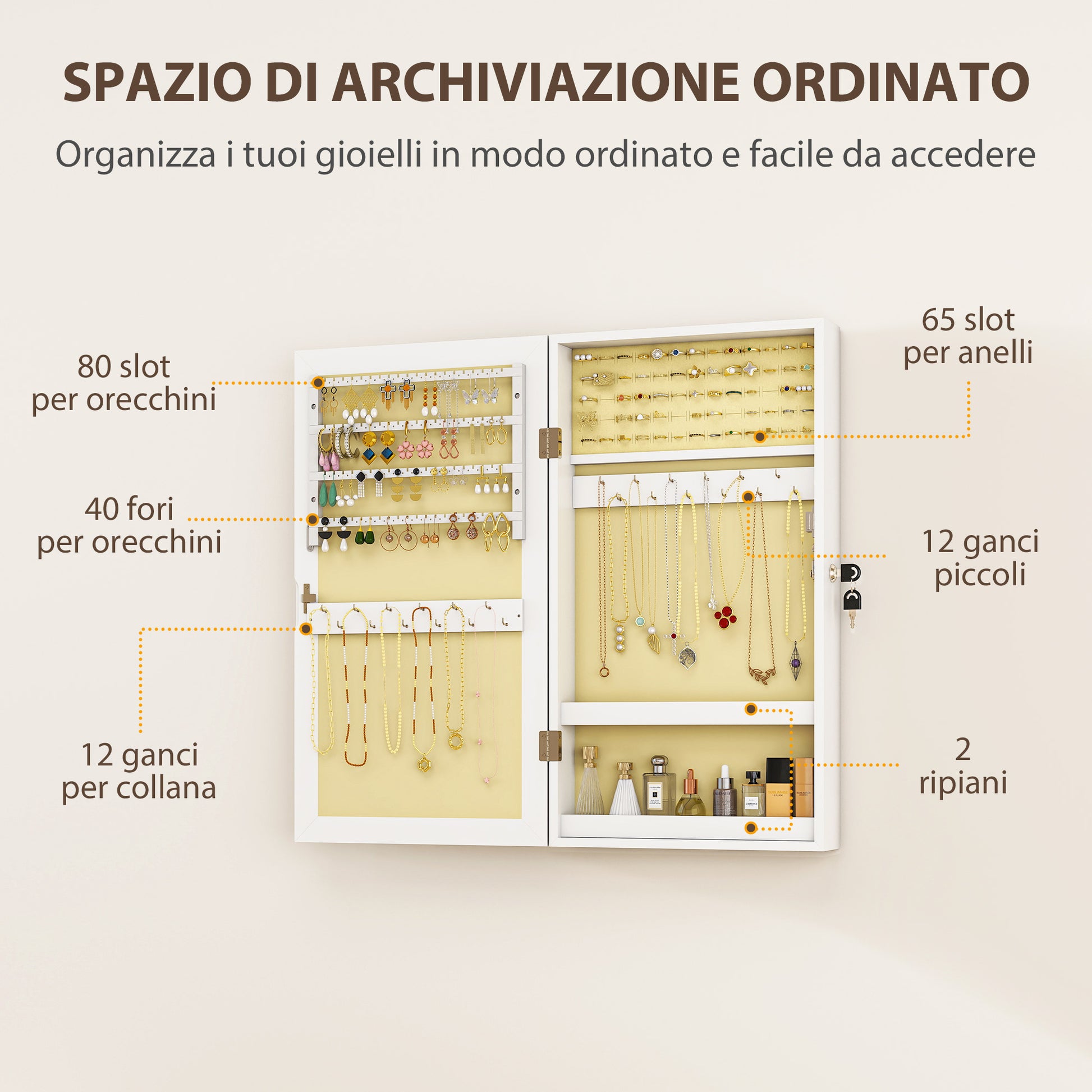 Wall Mounted Jewelry Mirror, Jewelry Cabinet with Key Lock, Full-Length Mirror in MDF for Bedroom and Living Room, 36.5x9.5x67 cm, White