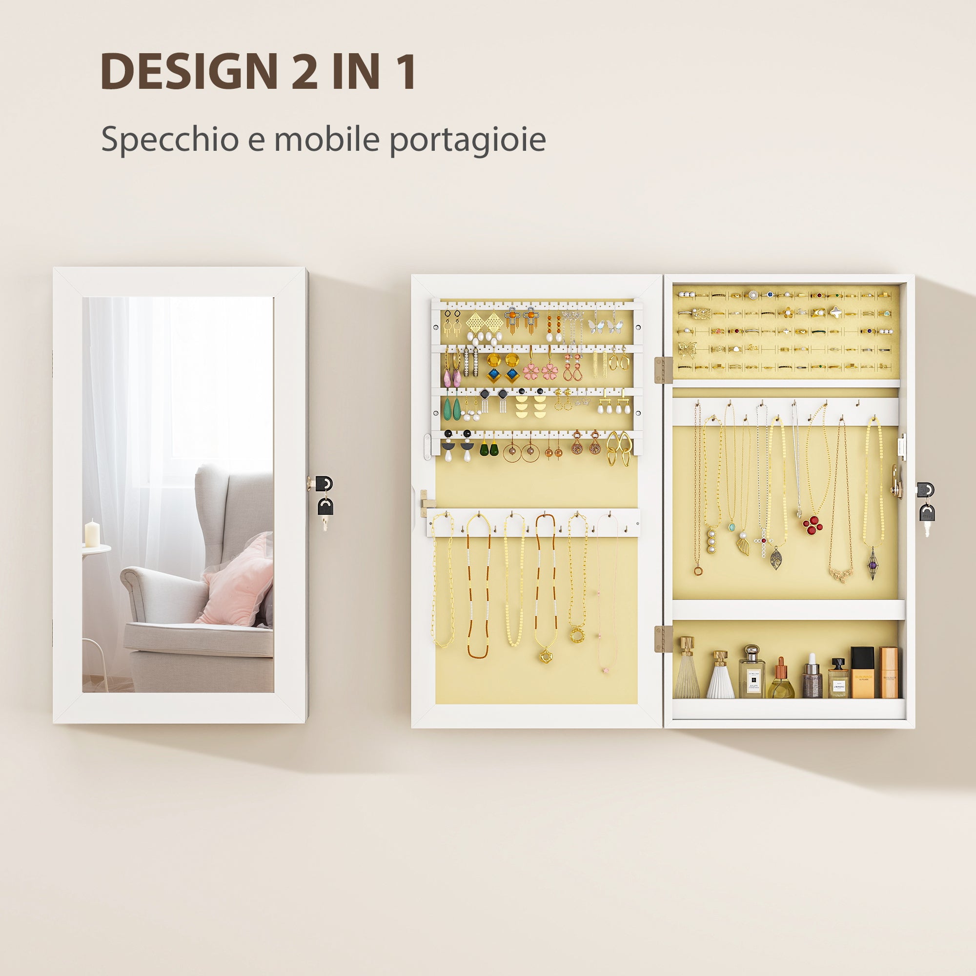 Wall Mounted Jewelry Mirror, Jewelry Cabinet with Key Lock, Full-Length Mirror in MDF for Bedroom and Living Room, 36.5x9.5x67 cm, White