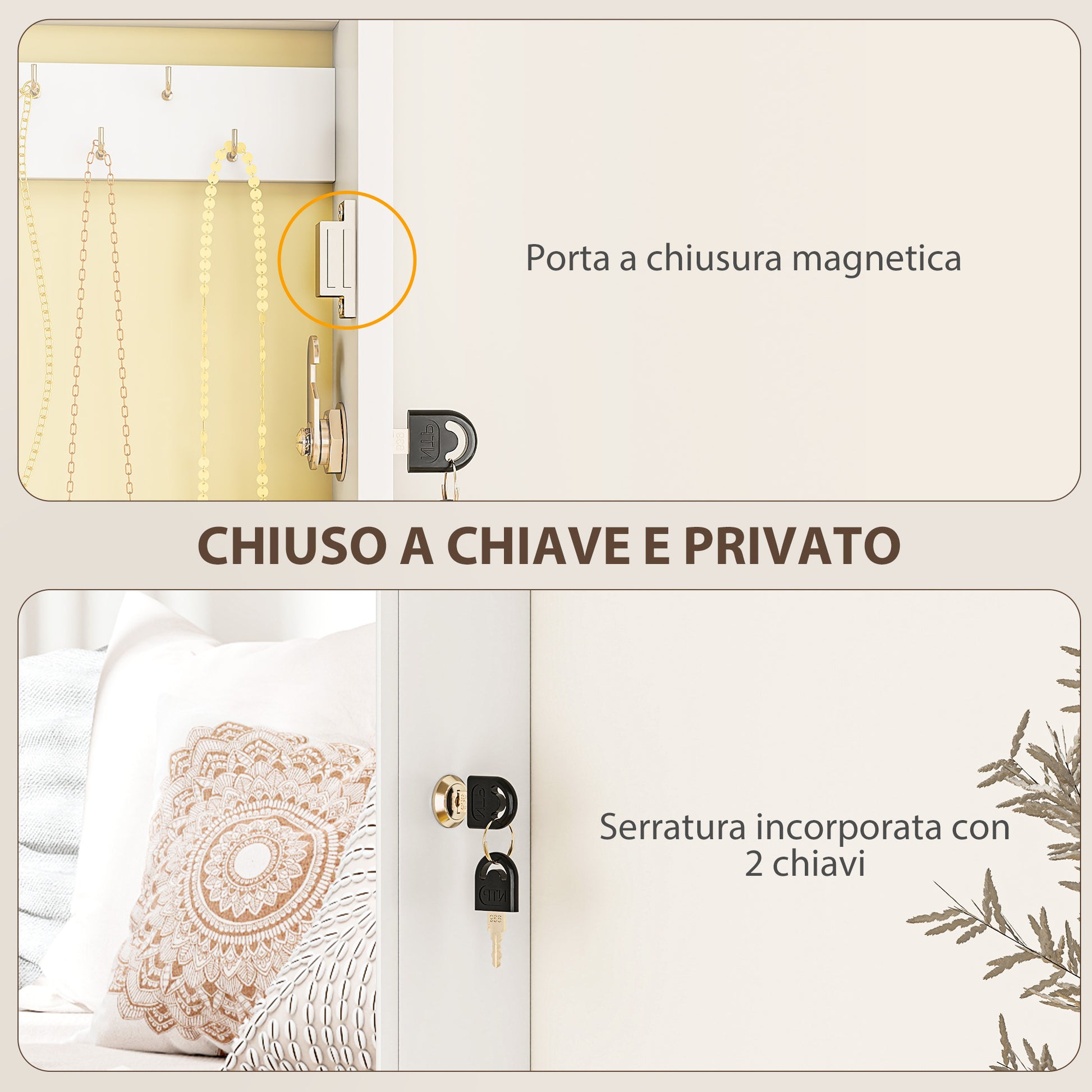 Wall Mounted Jewelry Mirror, Jewelry Cabinet with Key Lock, Full-Length Mirror in MDF for Bedroom and Living Room, 36.5x9.5x67 cm, White