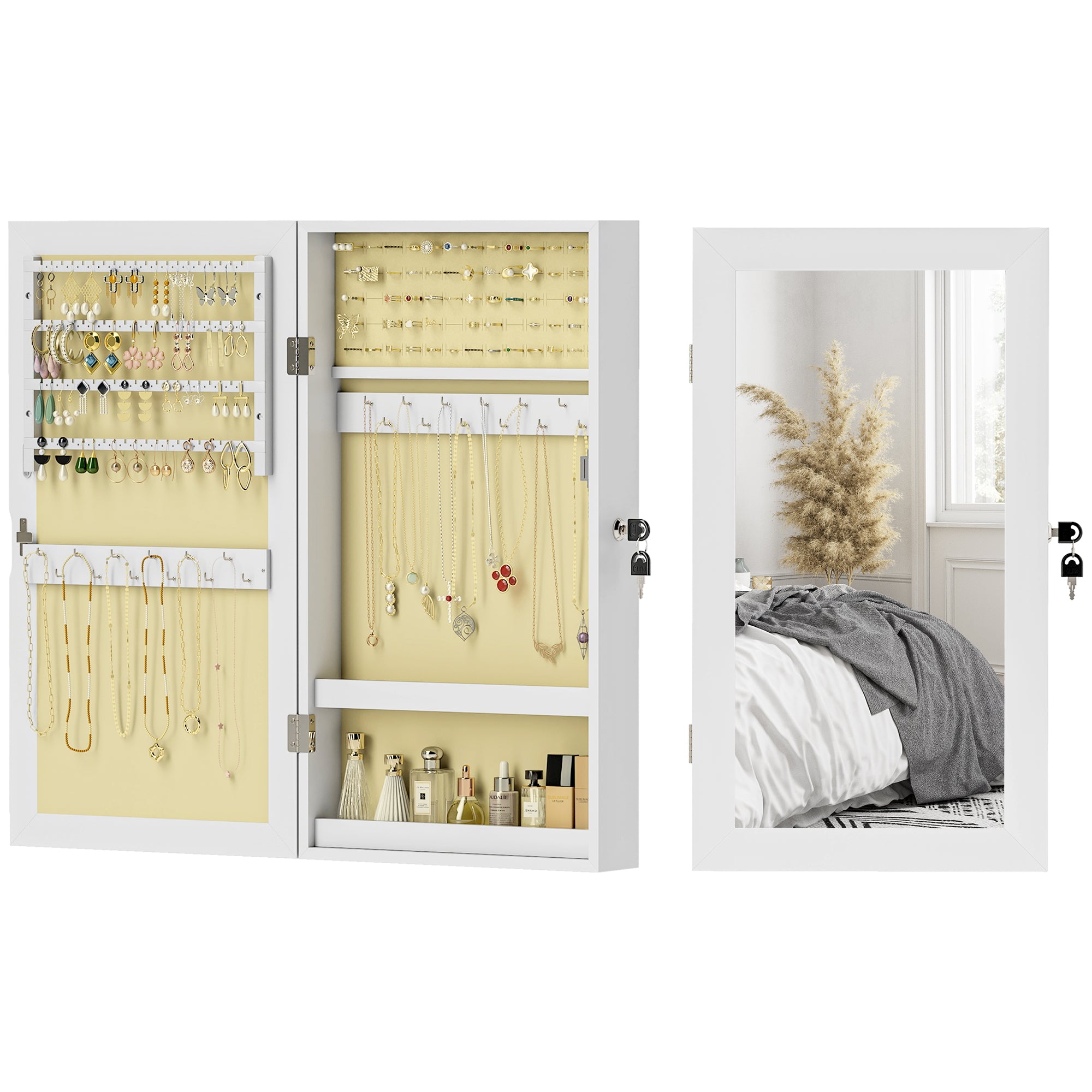 Wall Mounted Jewelry Mirror, Jewelry Cabinet with Key Lock, Full-Length Mirror in MDF for Bedroom and Living Room, 36.5x9.5x67 cm, White