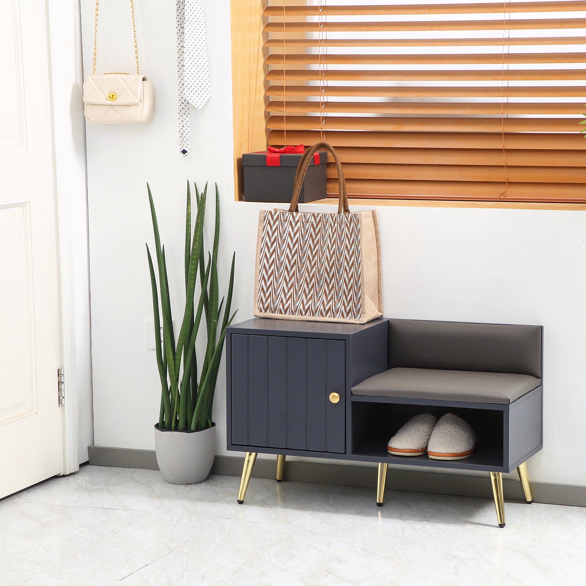 Storage Bench Shoe Bench Art Deco Style Closet Niche Seat Bench Synthetic Coating Gold Steel 80 x 33 x 49 cm Gray