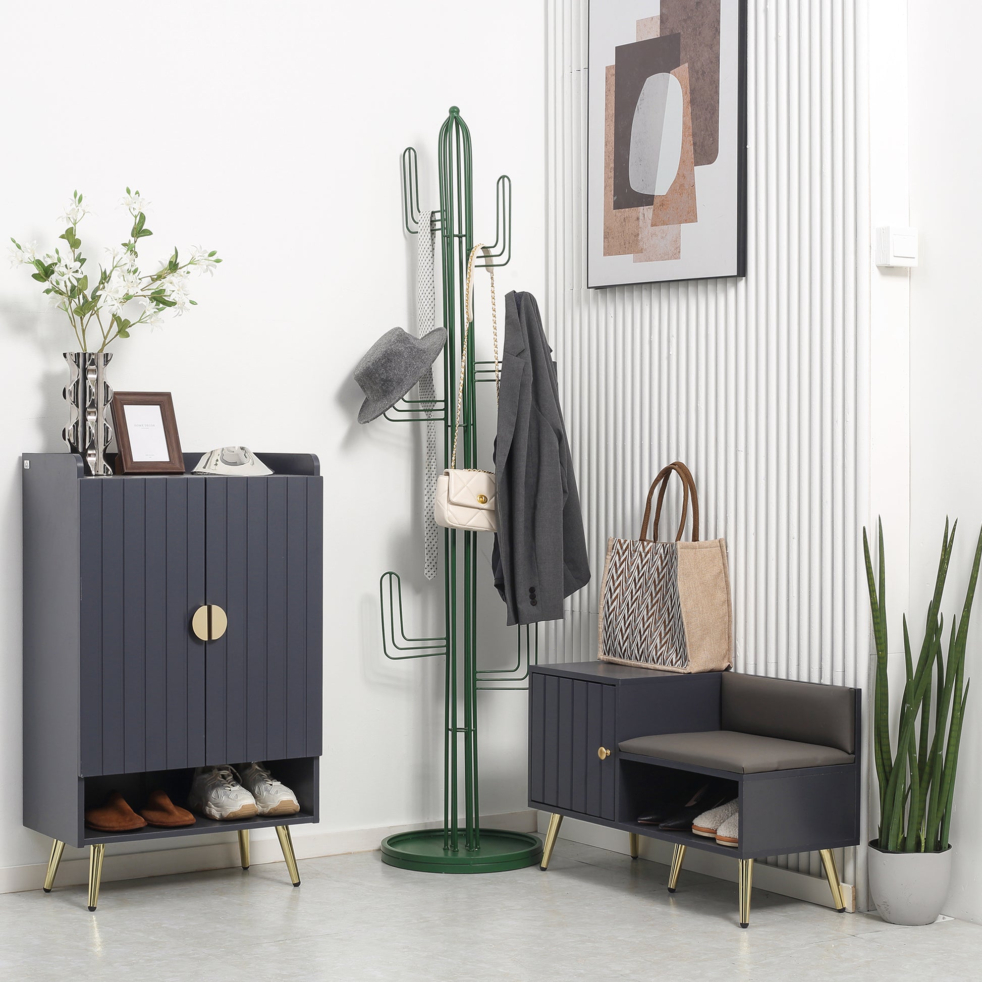 Storage Bench Shoe Bench Art Deco Style Closet Niche Seat Bench Synthetic Coating Gold Steel 80 x 33 x 49 cm Gray