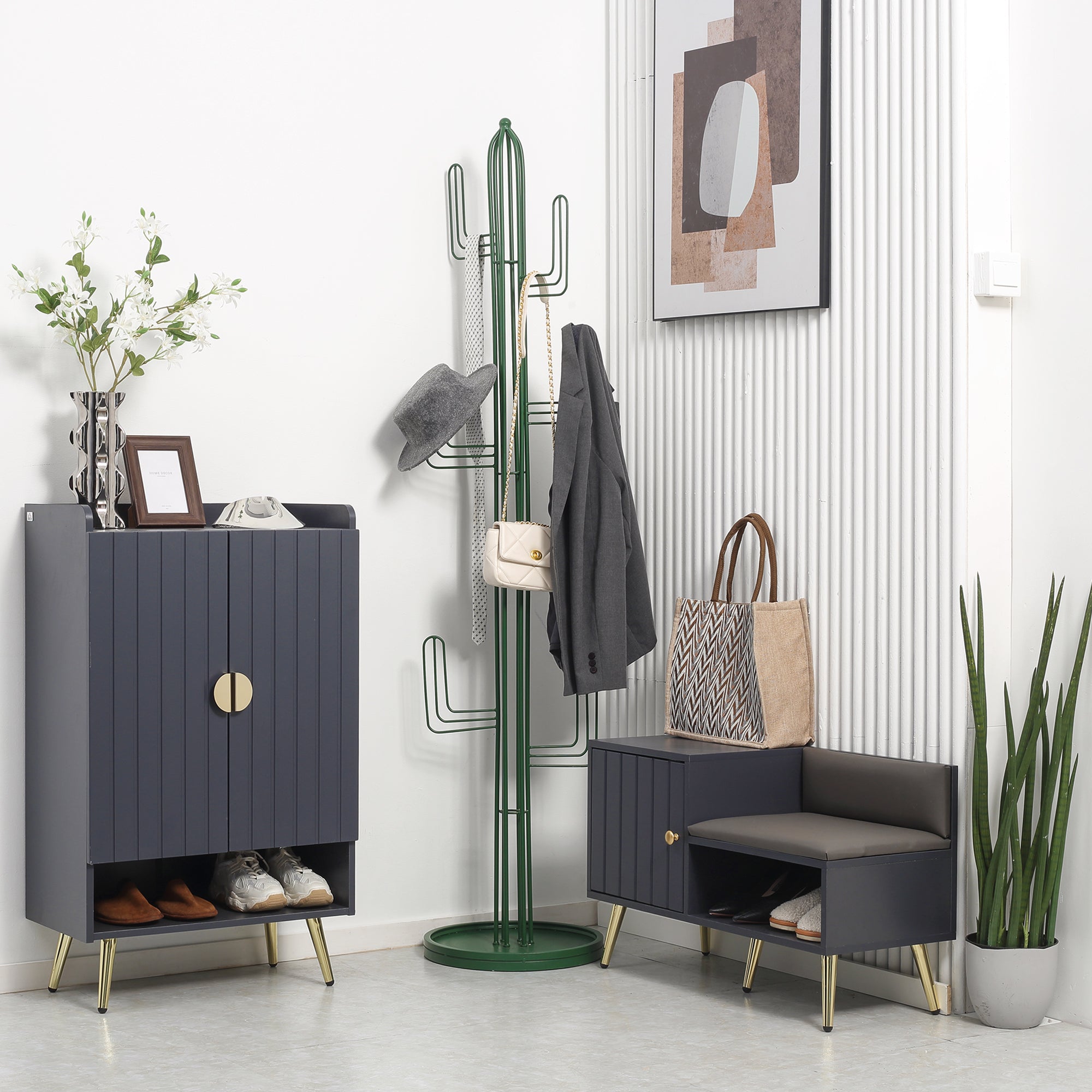Storage Bench Shoe Bench Art Deco Style Closet Niche Seat Bench Synthetic Coating Gold Steel 80 x 33 x 49 cm Gray