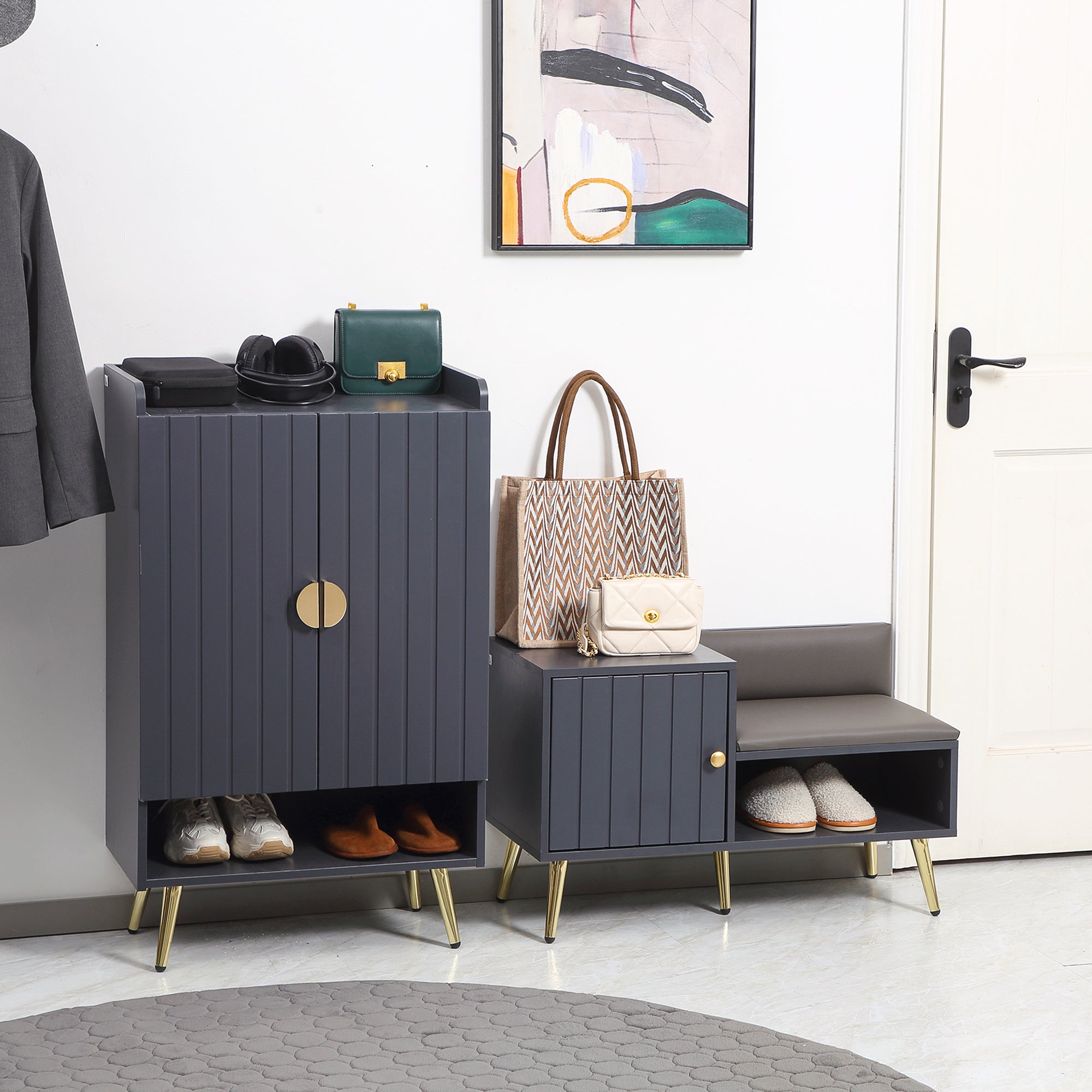 Storage Bench Shoe Bench Art Deco Style Closet Niche Seat Bench Synthetic Coating Gold Steel 80 x 33 x 49 cm Gray