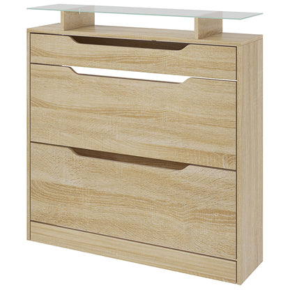Shoe Cabinet with 2 Swing Drawers + 1 Sliding Drawer + 1 Counter and 1 Glass Shelf Adjustable in 2 Levels 89 x 23 x 96 cm Oak