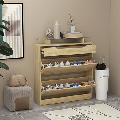 Shoe Cabinet with 2 Swing Drawers + 1 Sliding Drawer + 1 Counter and 1 Glass Shelf Adjustable in 2 Levels 89 x 23 x 96 cm Oak