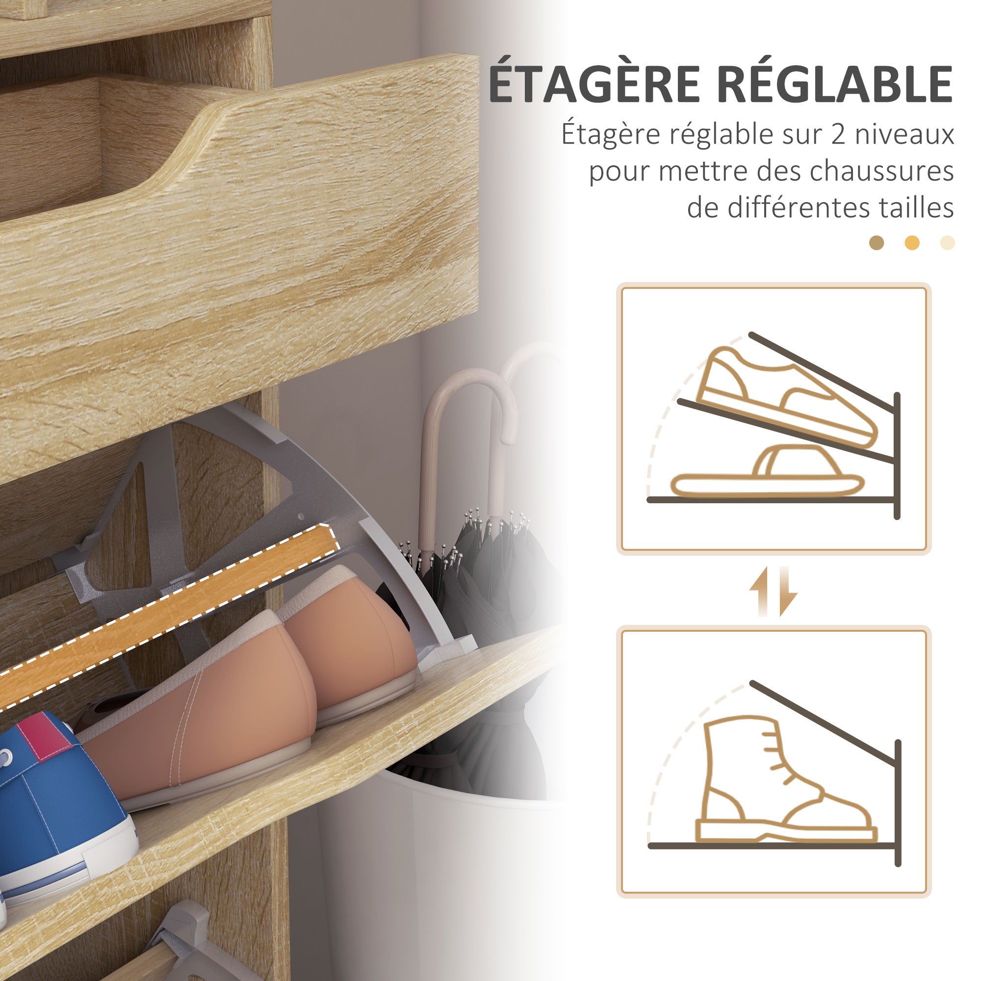Shoe Cabinet with 2 Swing Drawers + 1 Sliding Drawer + 1 Counter and 1 Glass Shelf Adjustable in 2 Levels 89 x 23 x 96 cm Oak