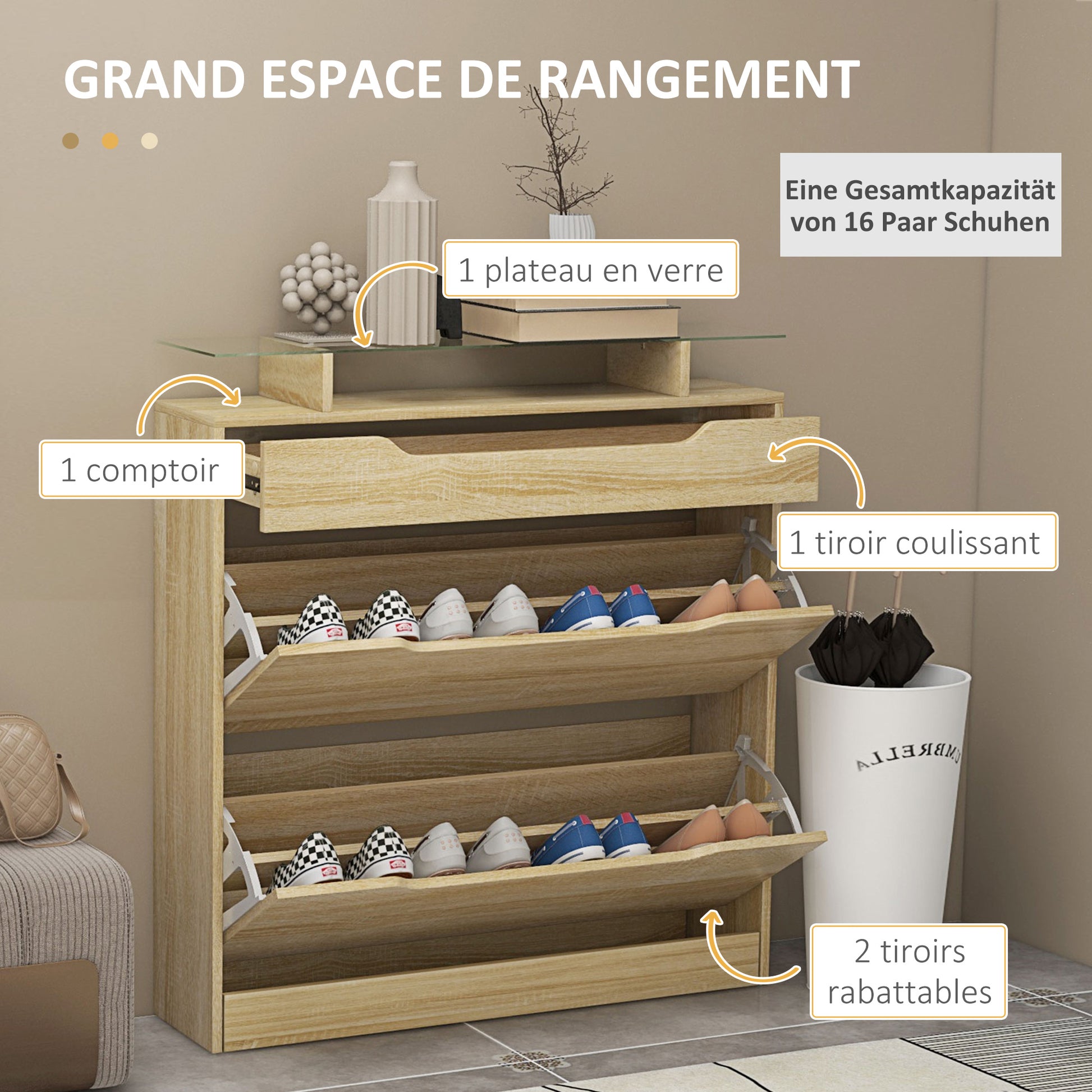 Shoe Cabinet with 2 Swing Drawers + 1 Sliding Drawer + 1 Counter and 1 Glass Shelf Adjustable in 2 Levels 89 x 23 x 96 cm Oak
