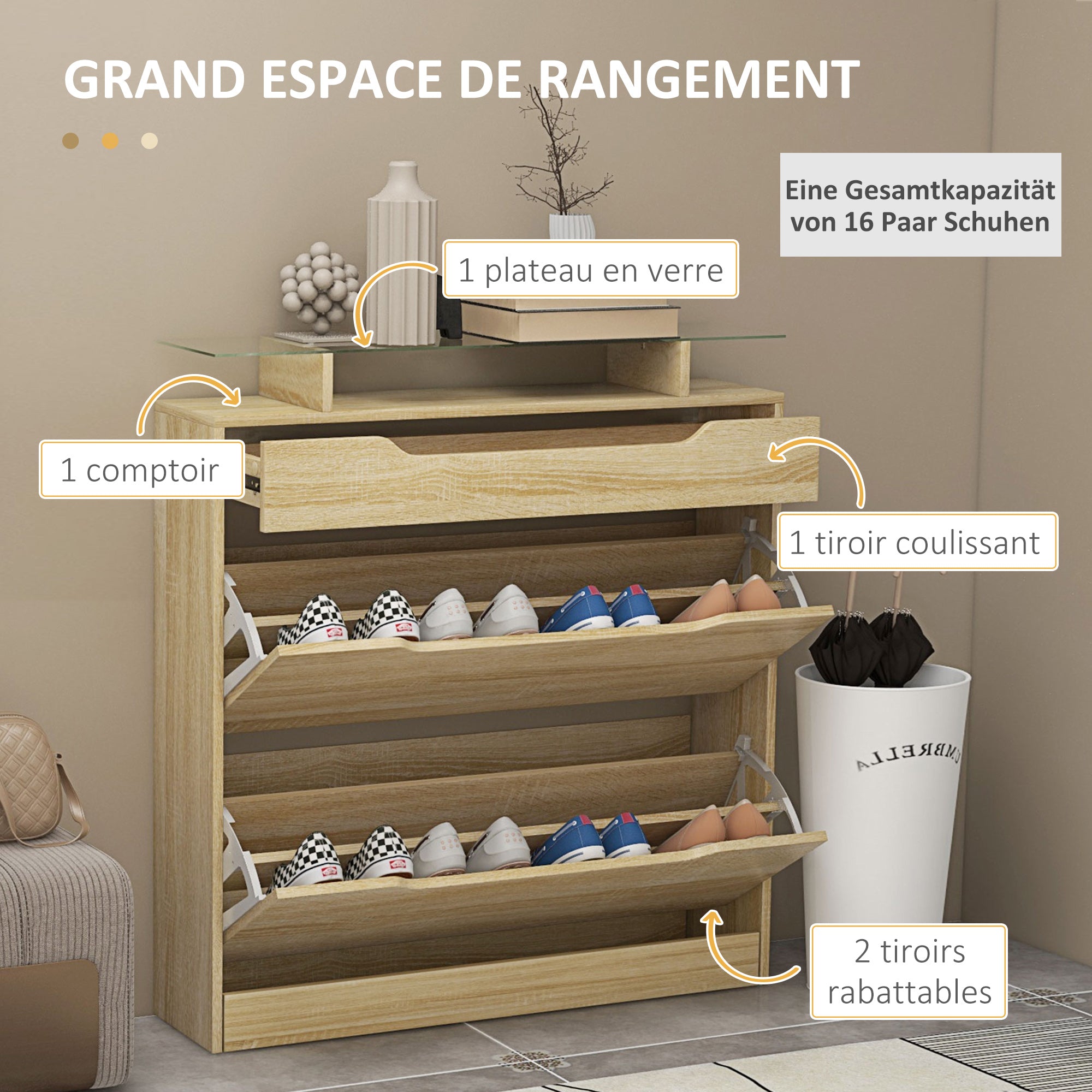 Shoe Cabinet with 2 Swing Drawers + 1 Sliding Drawer + 1 Counter and 1 Glass Shelf Adjustable in 2 Levels 89 x 23 x 96 cm Oak