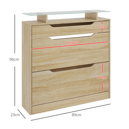 Shoe Cabinet with 2 Swing Drawers + 1 Sliding Drawer + 1 Counter and 1 Glass Shelf Adjustable in 2 Levels 89 x 23 x 96 cm Oak