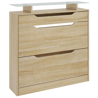 Shoe Cabinet with 2 Swing Drawers + 1 Sliding Drawer + 1 Counter and 1 Glass Shelf Adjustable in 2 Levels 89 x 23 x 96 cm Oak