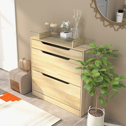 Shoe Cabinet with 2 Swing Drawers + 1 Sliding Drawer + 1 Counter and 1 Glass Shelf Adjustable in 2 Levels 89 x 23 x 96 cm Oak