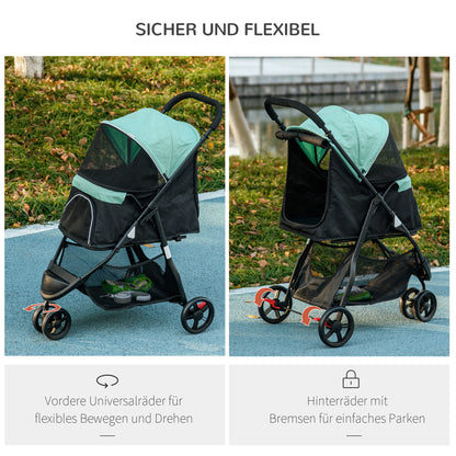 2 in 1 Dog Buggy Dog Stroller with Rain Cover Foldable for Dogs & Cats up to 10 kg Cat Stroller with Cushion Mesh Windows Doors Storage Basket Cat Wagon Buggy Green