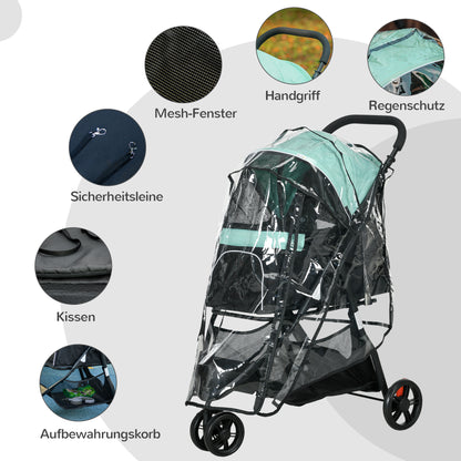 2 in 1 Dog Buggy Dog Stroller with Rain Cover Foldable for Dogs & Cats up to 10 kg Cat Stroller with Cushion Mesh Windows Doors Storage Basket Cat Wagon Buggy Green