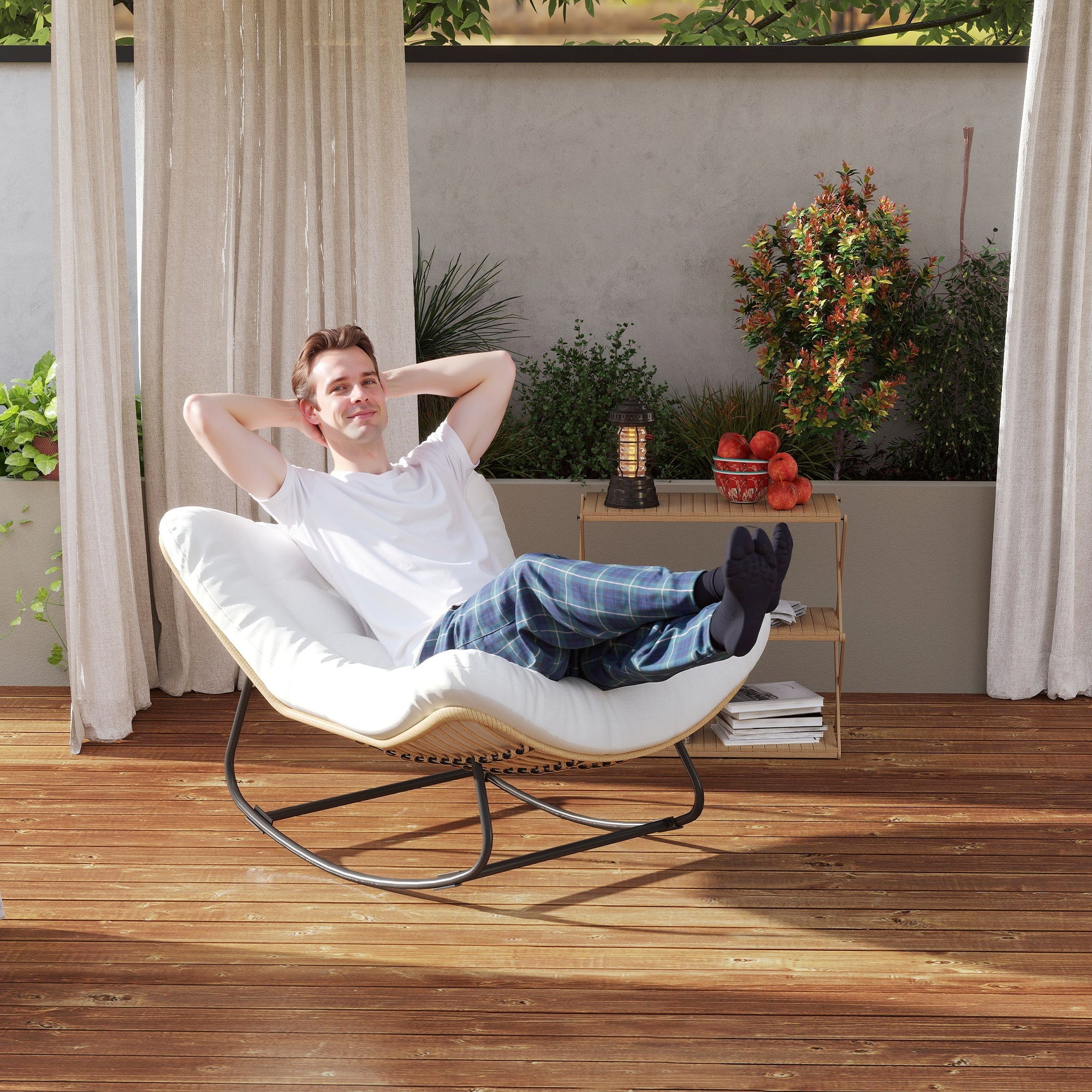 Garden Rocking Chair, Egg-Shaped Woven Resin Rocking Chair with Padded Cushion for Garden, Bedroom, Living Room, Cream