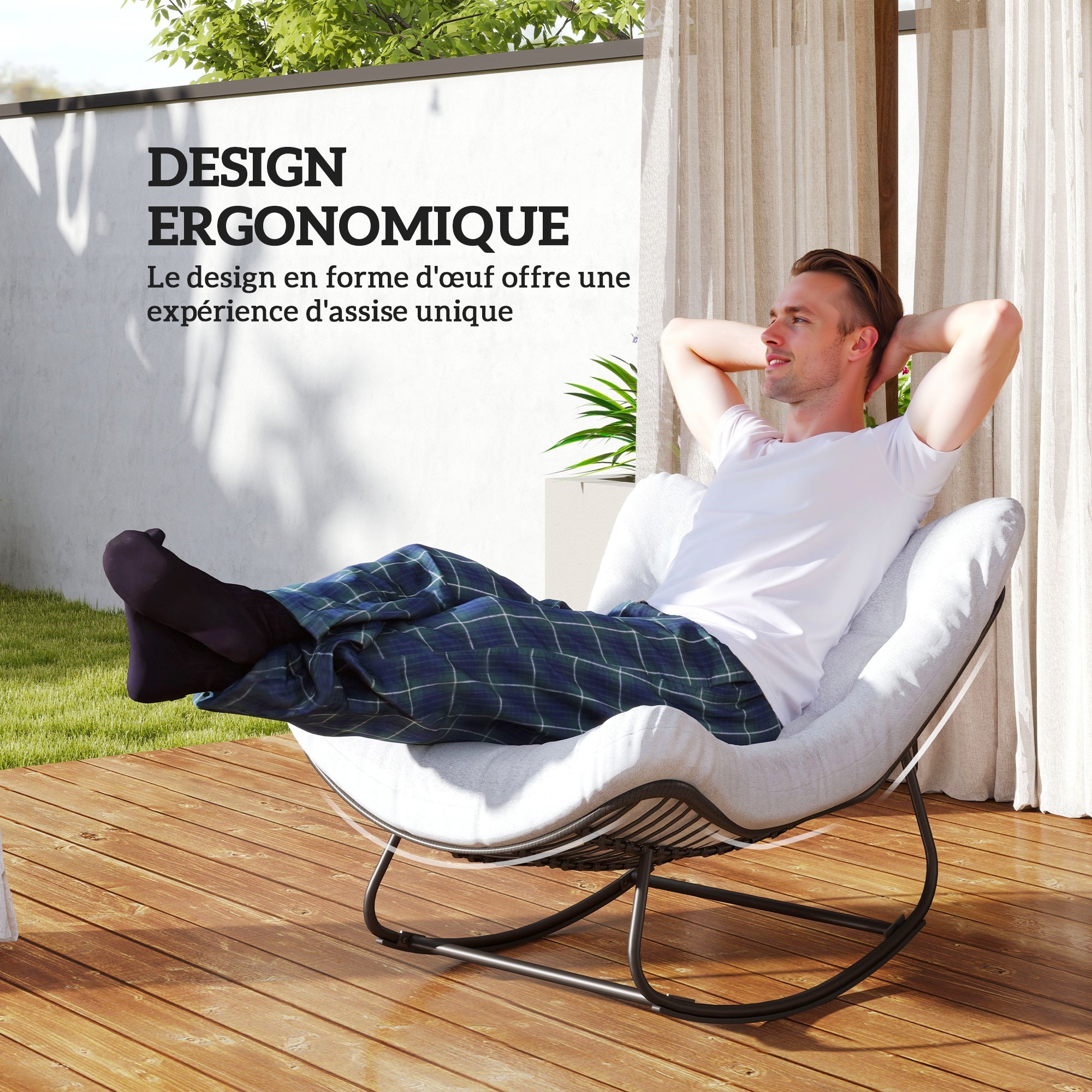 Garden Rocking Chair, Egg-Shaped Woven Resin Rocking Chair with Padded Cushion for Garden, Bedroom, Living Room, Cream